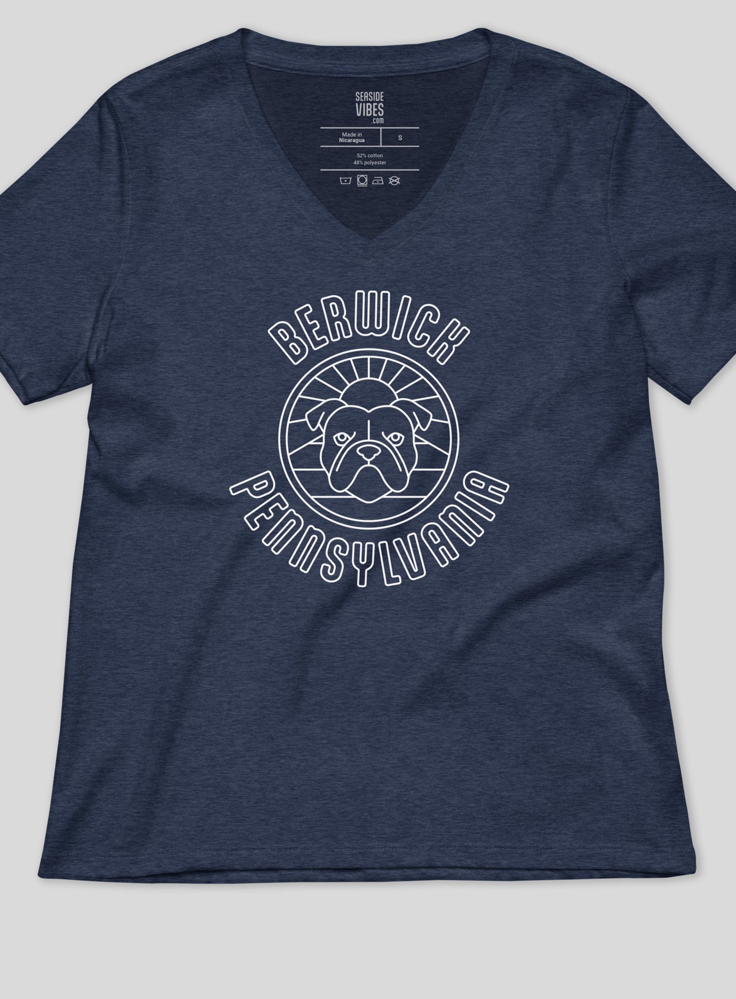 V-Neck: Berwick PA Sunrise Tee - Heather Navy