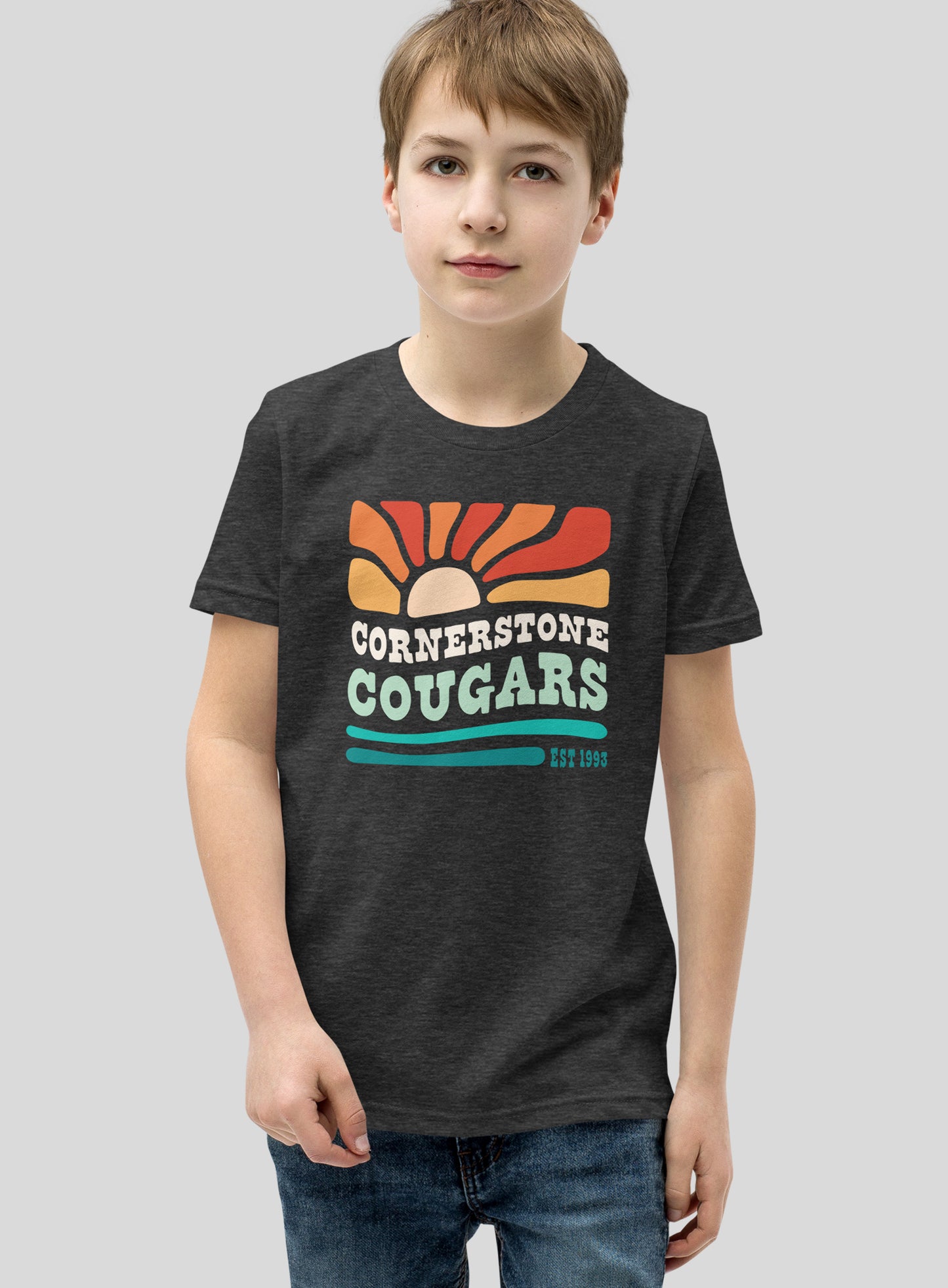 Youth: Cornerstone Cougars Beach Vibes Tee - Dark Grey Heather