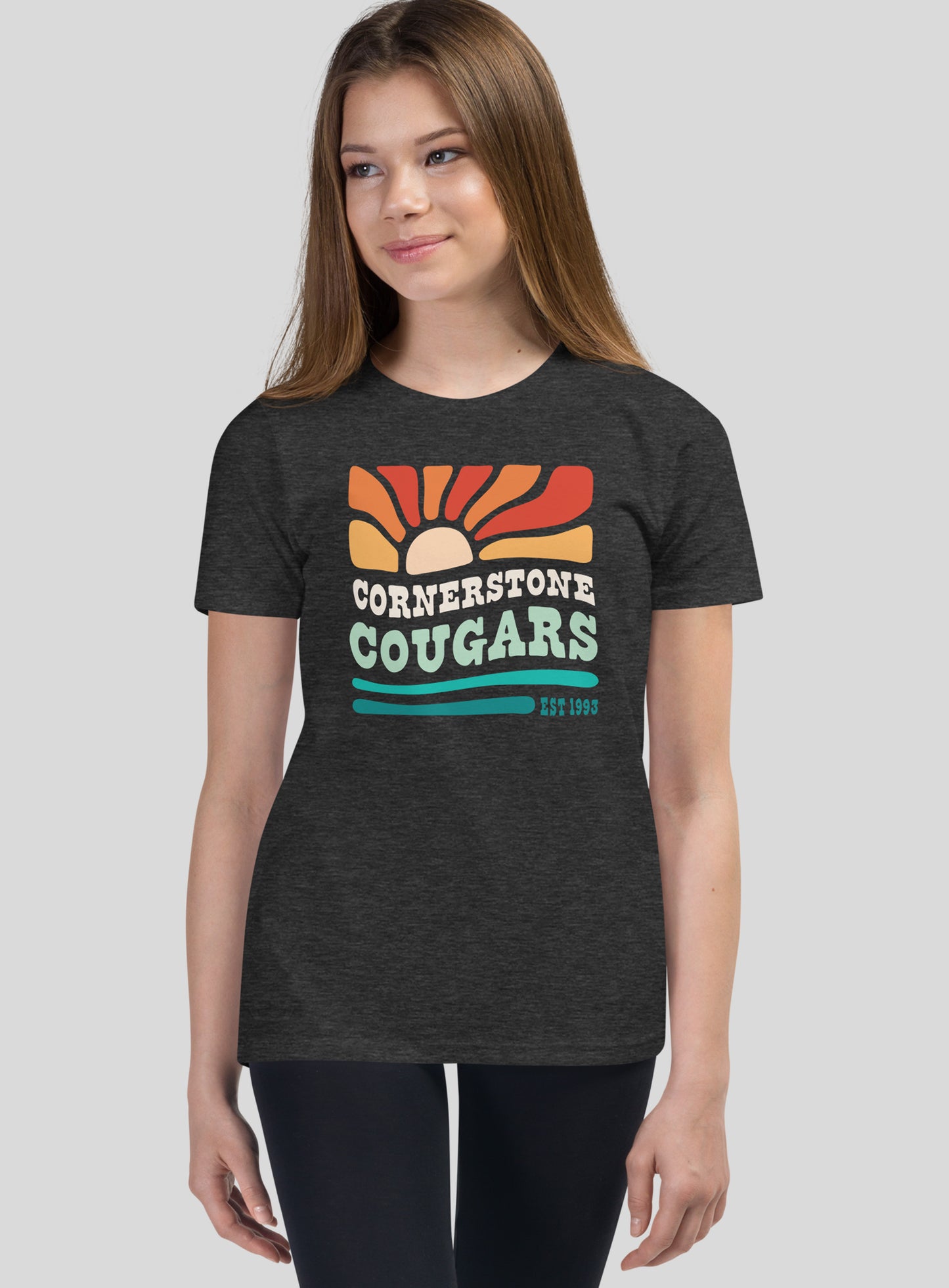 Youth: Cornerstone Cougars Beach Vibes Tee - Dark Grey Heather
