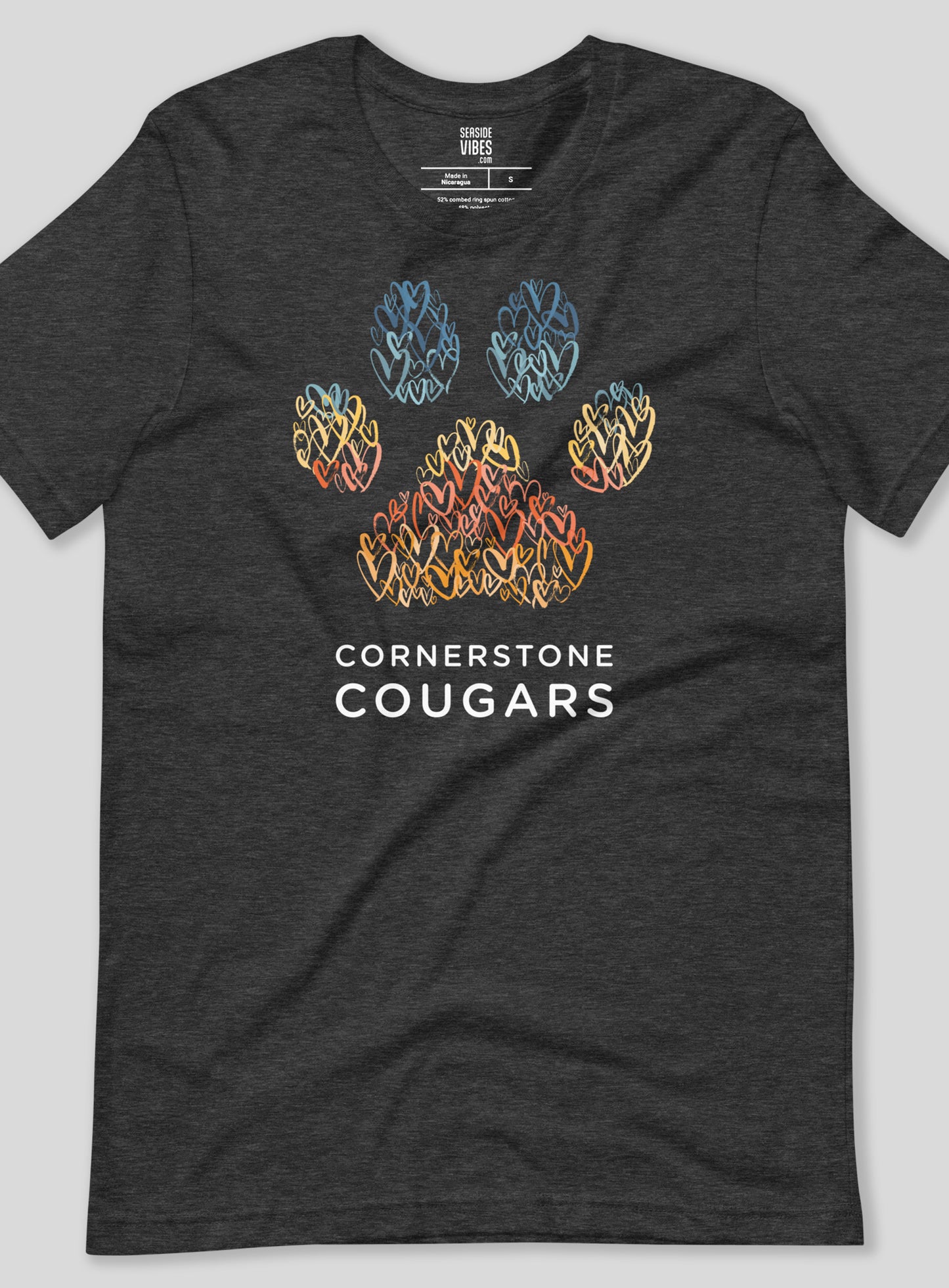 Unisex: Cornerstone Cougars Pawsitive Vibes Tee- Dark Grey Heather
