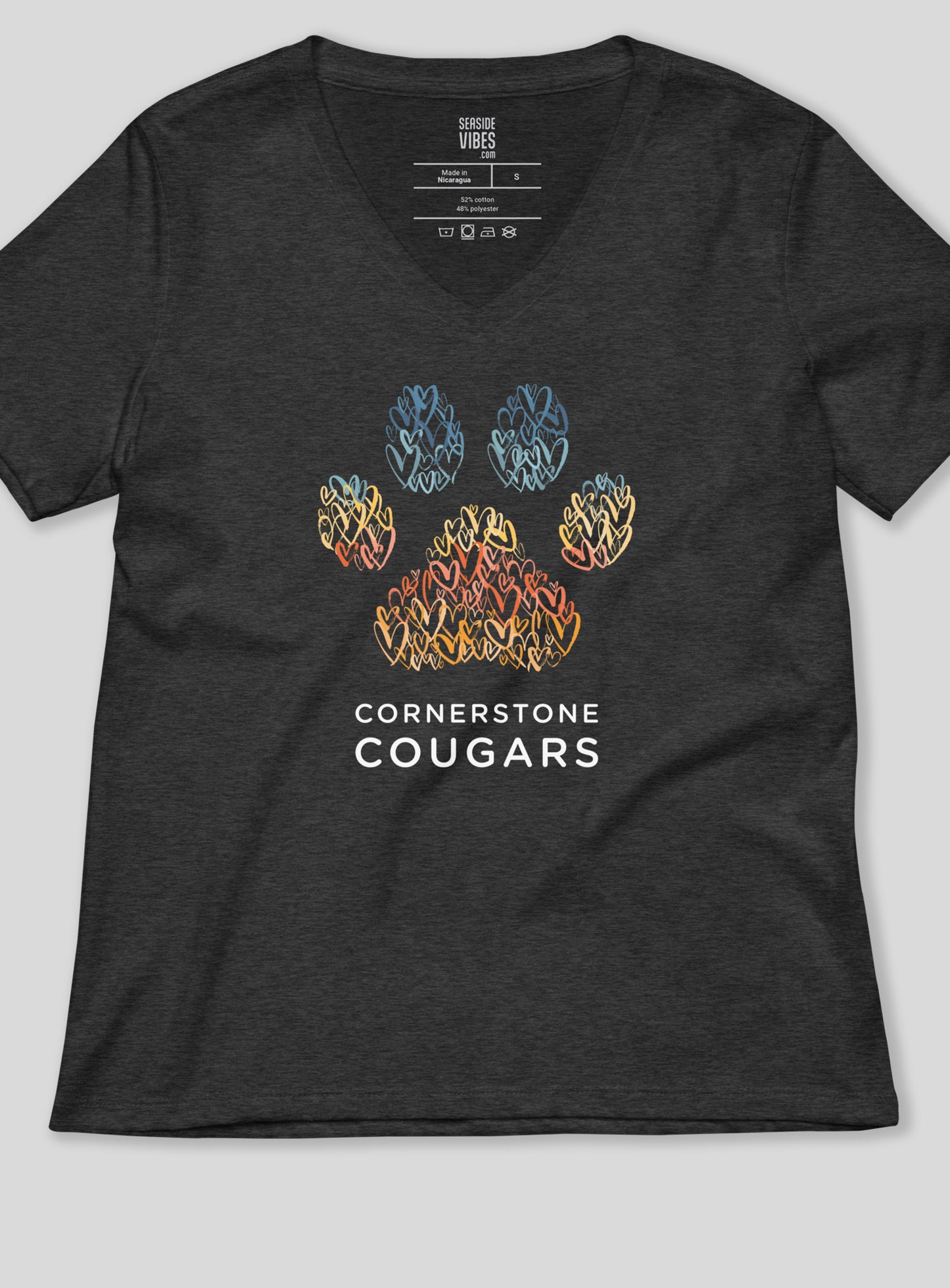 V-Neck: Cornerstone Cougars Pawsitive Vibes Tee - Dark Grey Heather