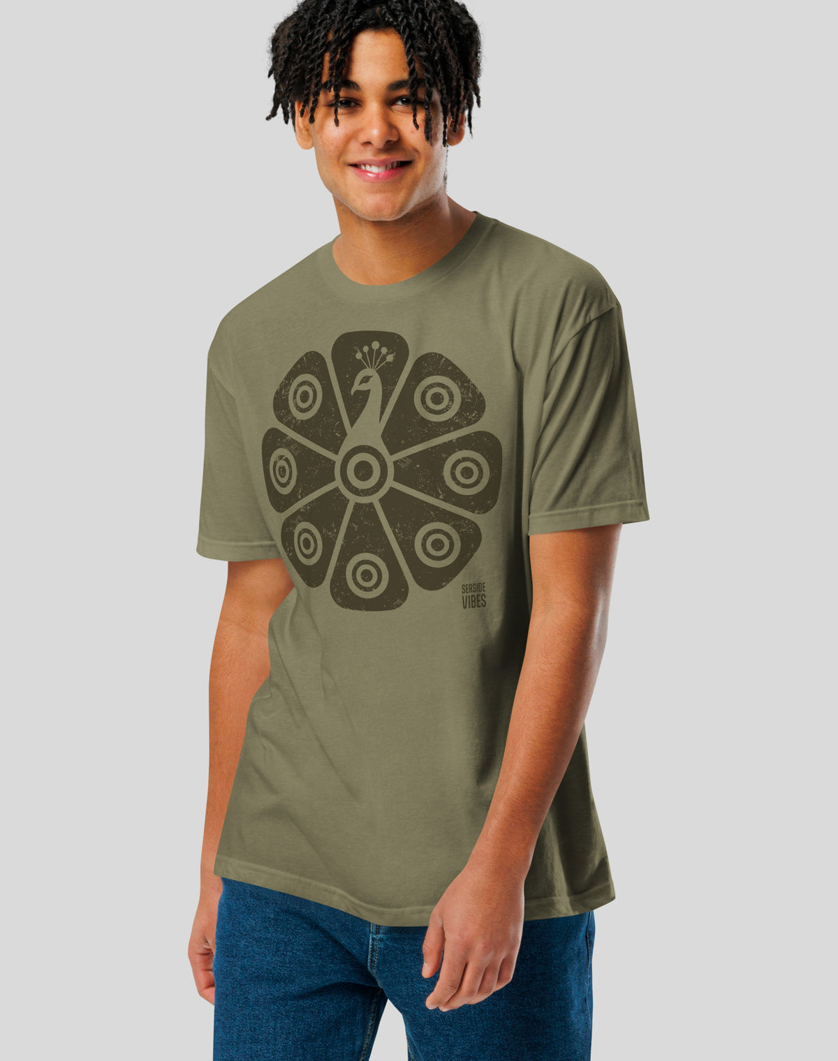 Tribal Peacock Tee - Cotton Blend | Military Green