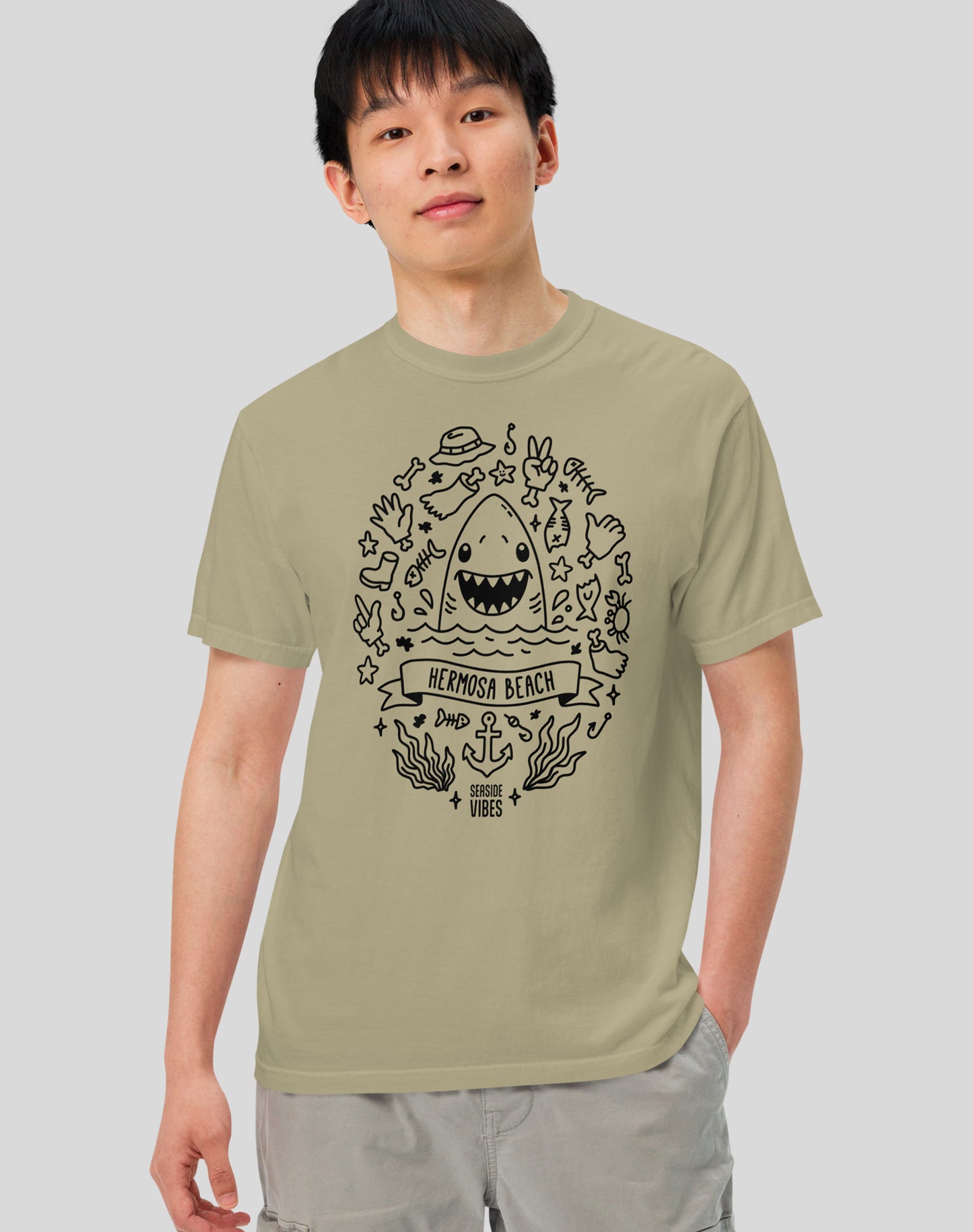 Unisex: Hermosa Beach Shark Attack! Tee - 100% Cotton | Khaki
