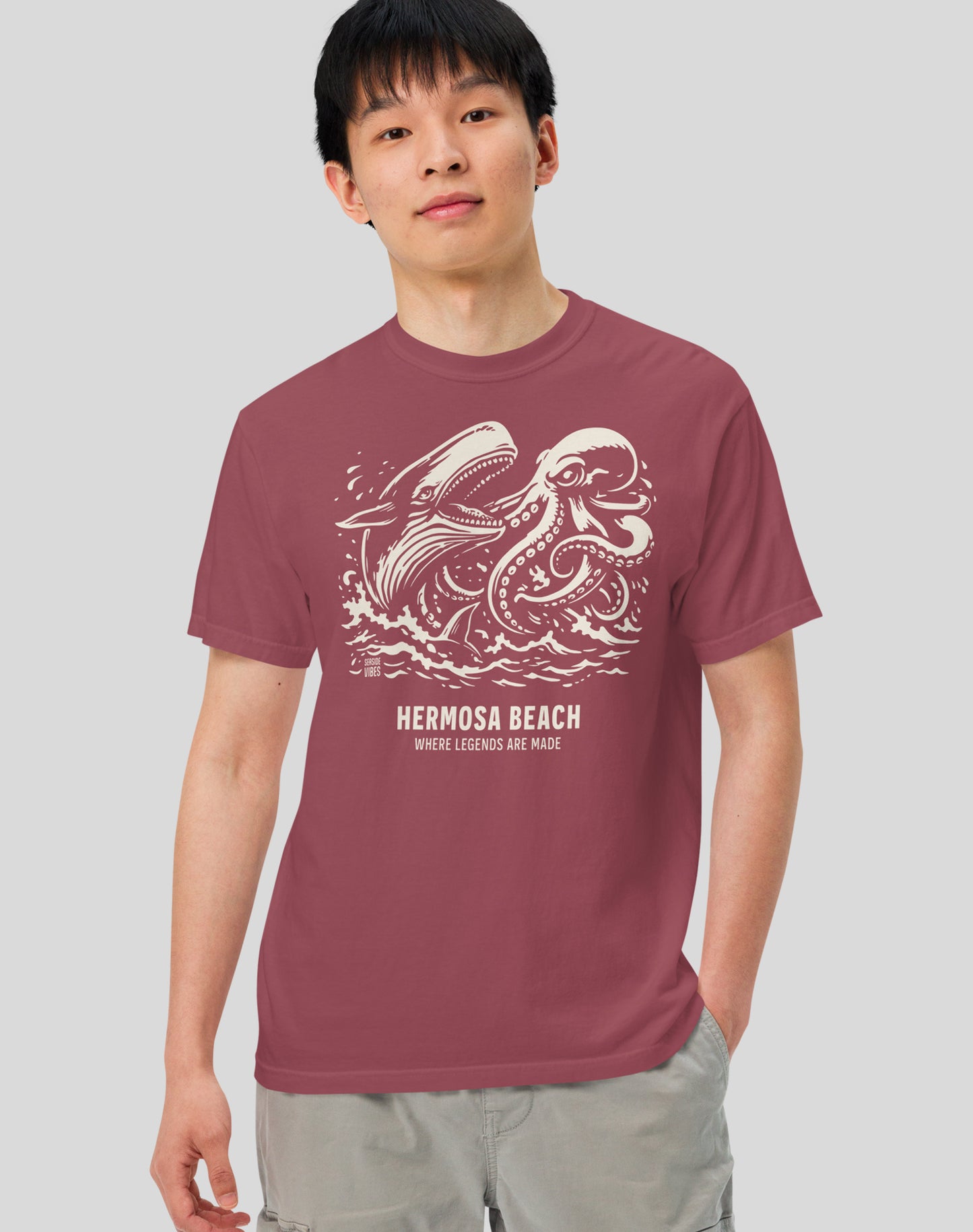 Unisex: Hermosa Beach Octopus vs Whale Legends Tee - 100% Cotton | Brick