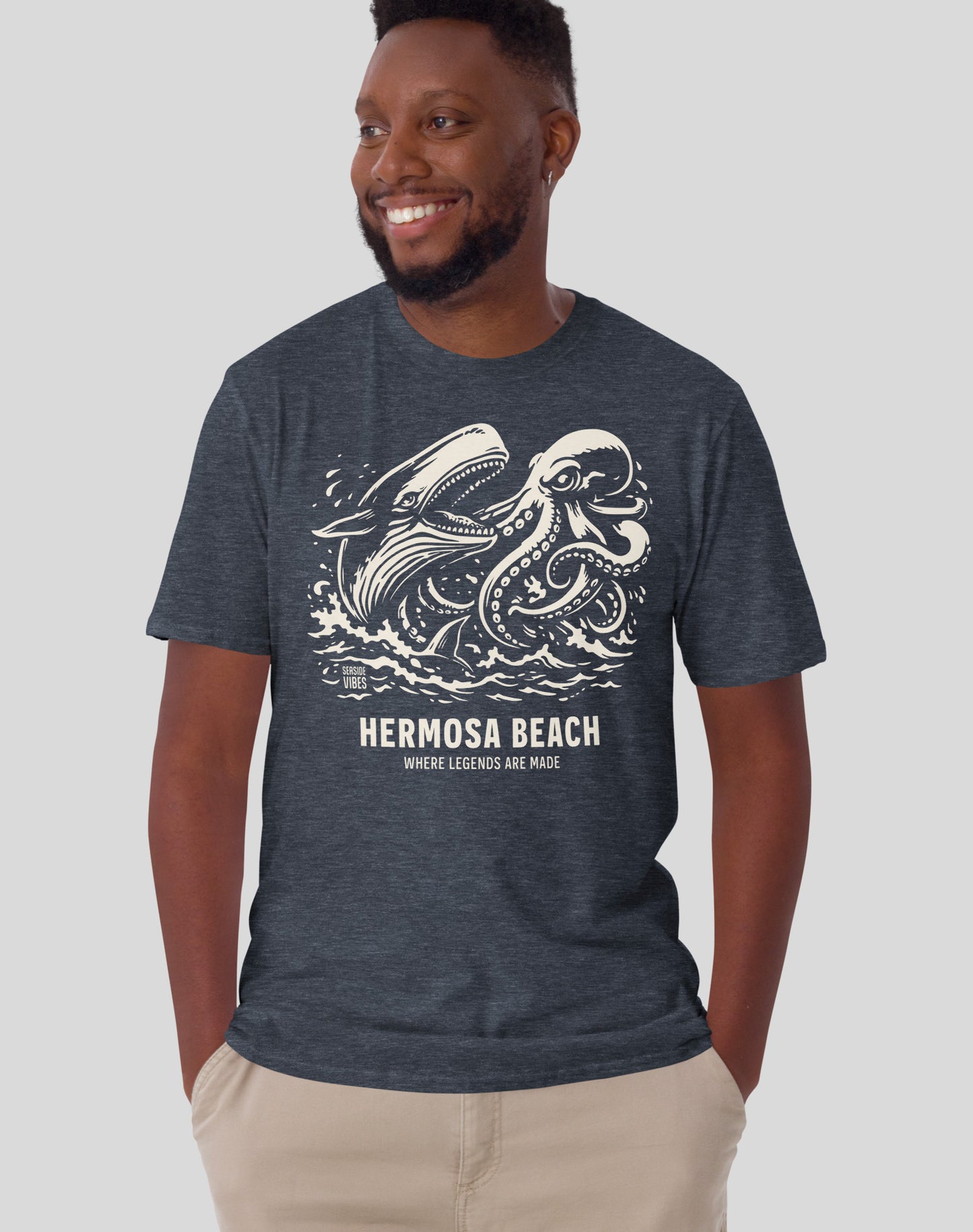 Hermosa Beach Octopus vs Whale Legends Tee - Unisex | Heather Navy