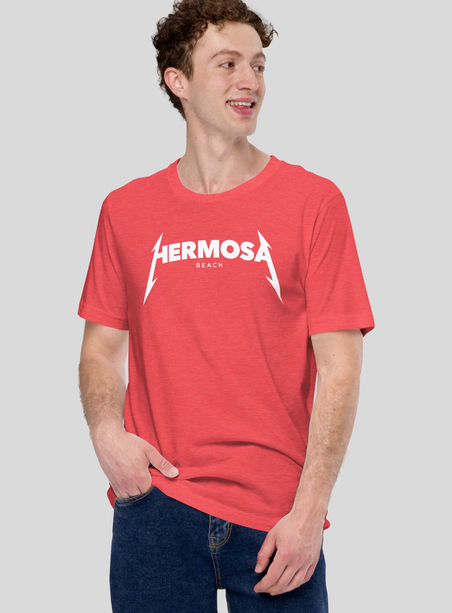 Unisex: Hermosa Beach Rocks Tee - Heather Red