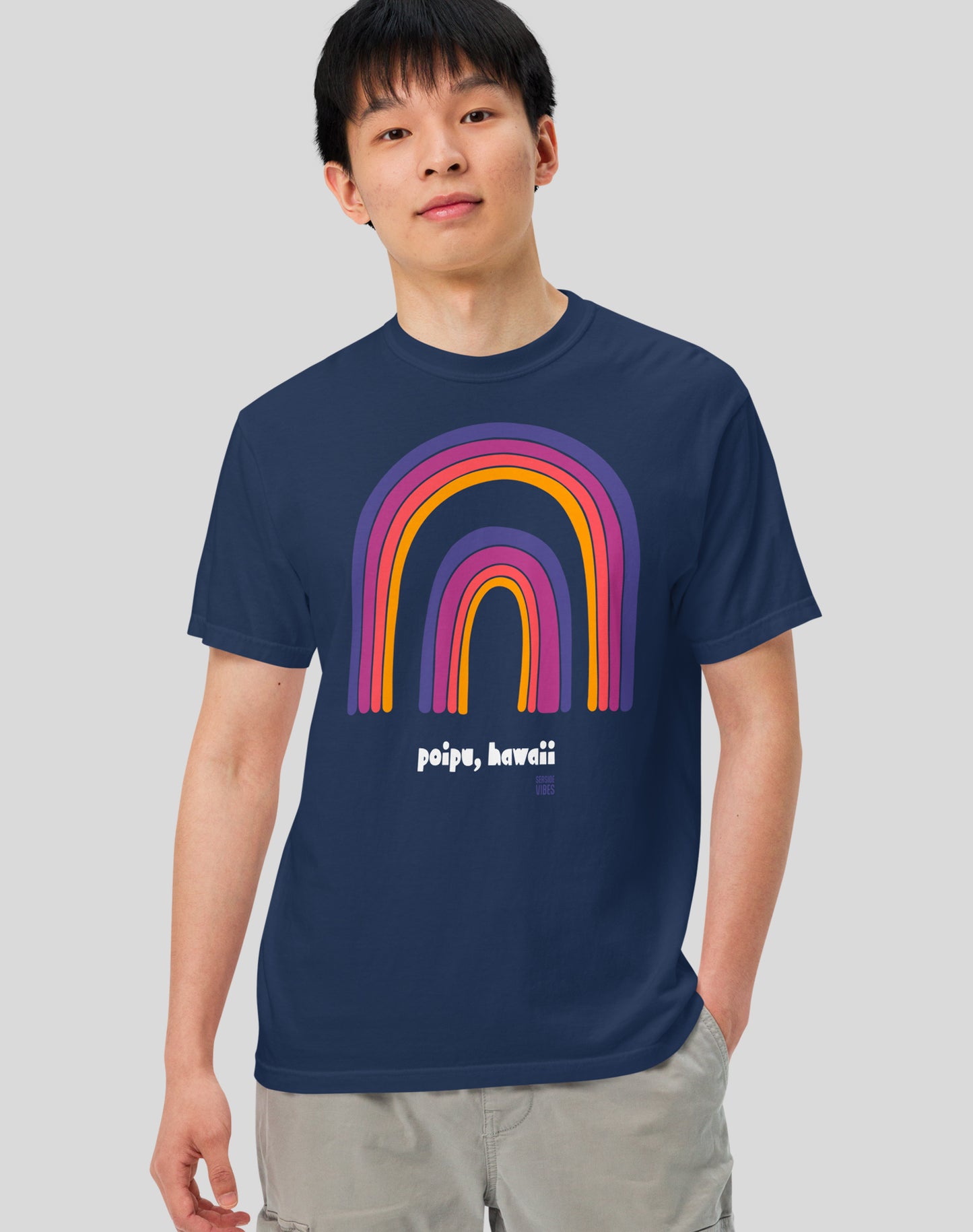 Unisex: Poipu Double Rainbow Tee - 100% Cotton | True Navy