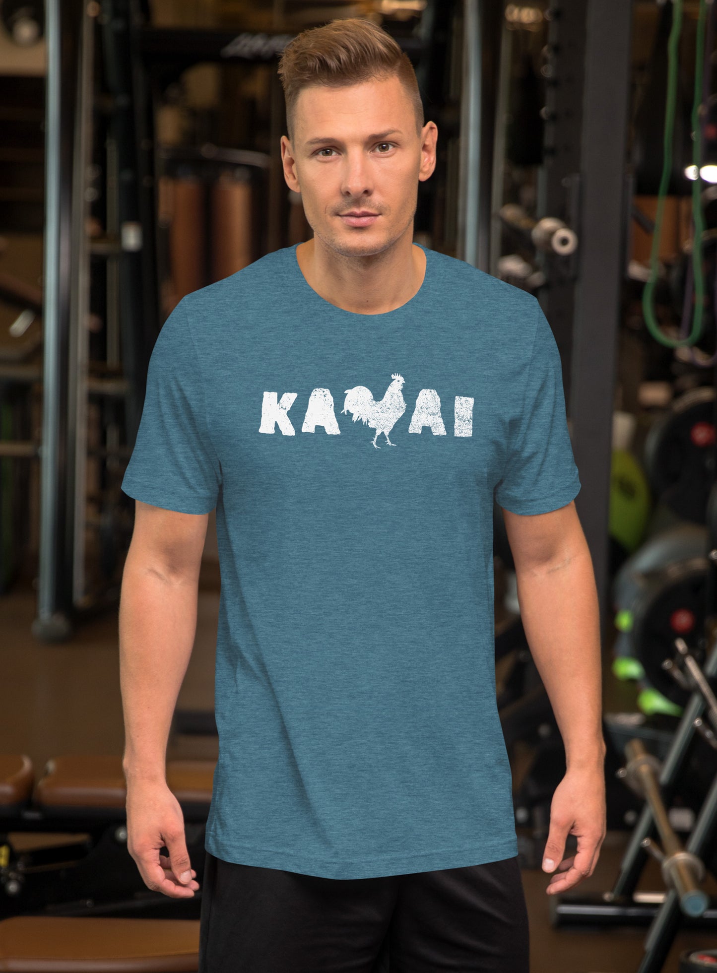 Unisex: Kauai Rooster Tee - Heather Deep Teal
