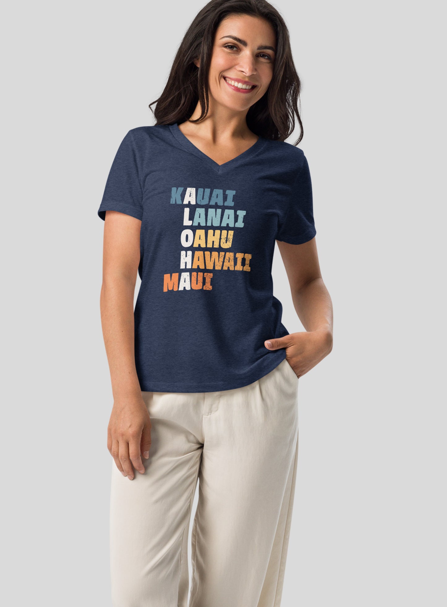 V-Neck: Hawaii ALOHA Tee - Heather Navy