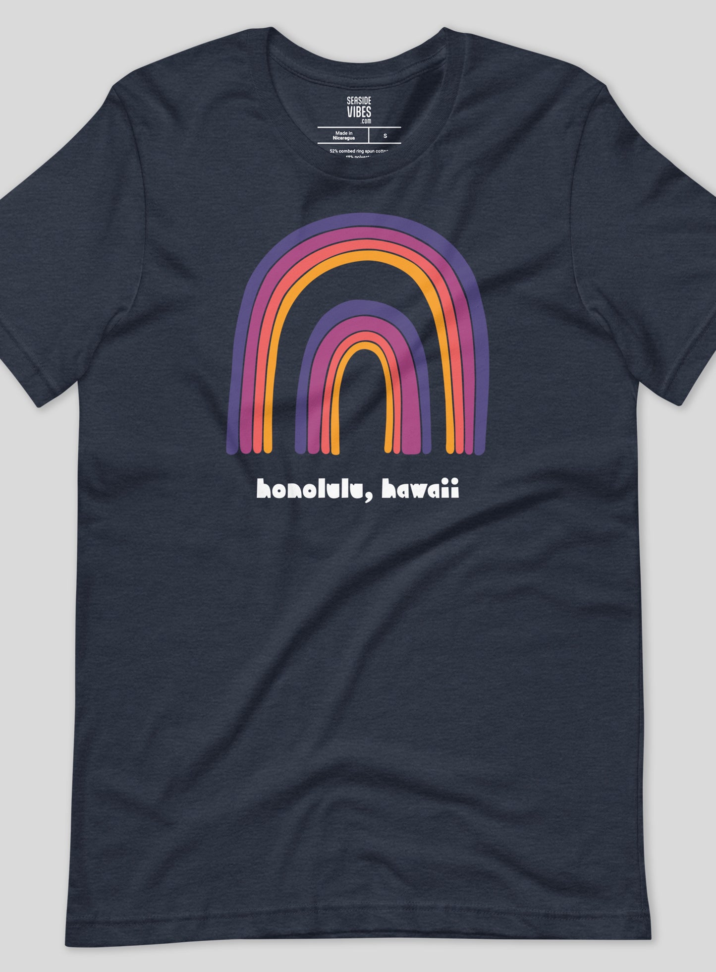 Unisex: Honolulu Double Rainbow Tee - Heather Navy