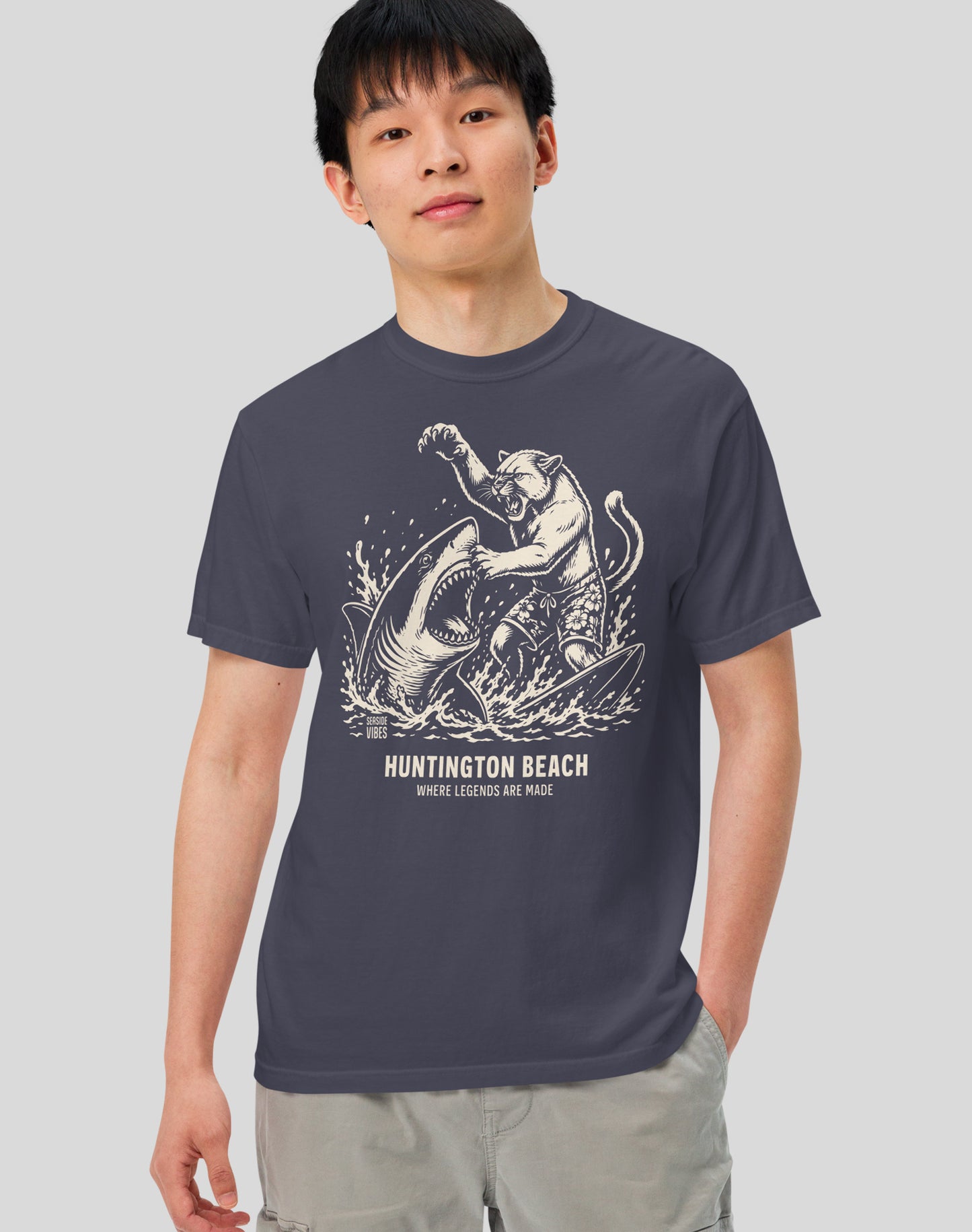 Unisex: Huntington Beach Shark vs Mountain Lion Legends Tee - 100% Cotton | Navy