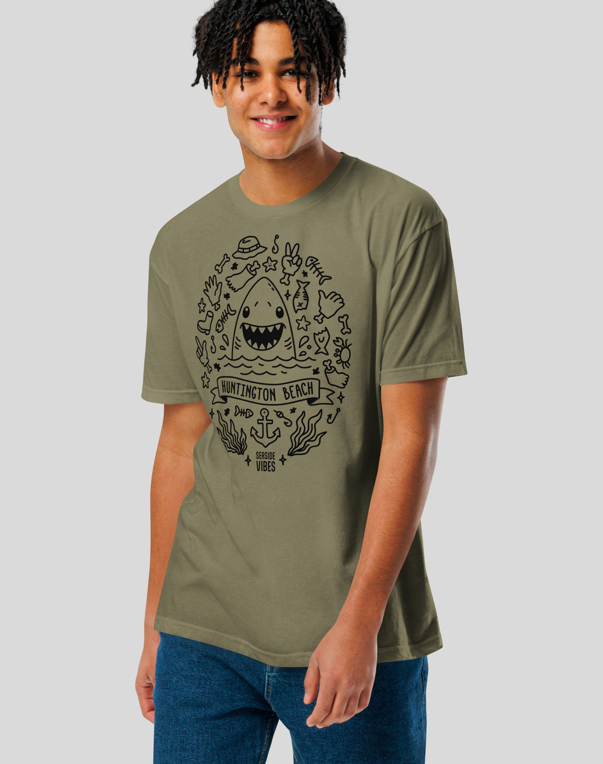 Huntington Beach Shark Attack! Tee - Cotton Blend | Military Green