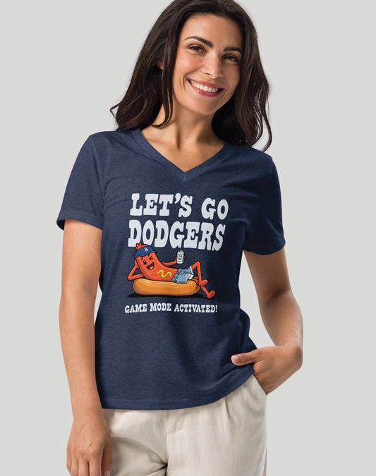 V-Neck: Let's Go Dodgers, Game Mode Activated! Tee - Heather Navy