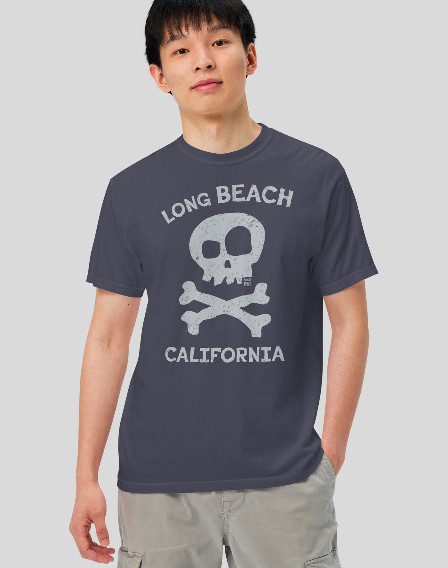 Unisex: Long Beach Skull & Bones Tee - 100% Cotton | Navy