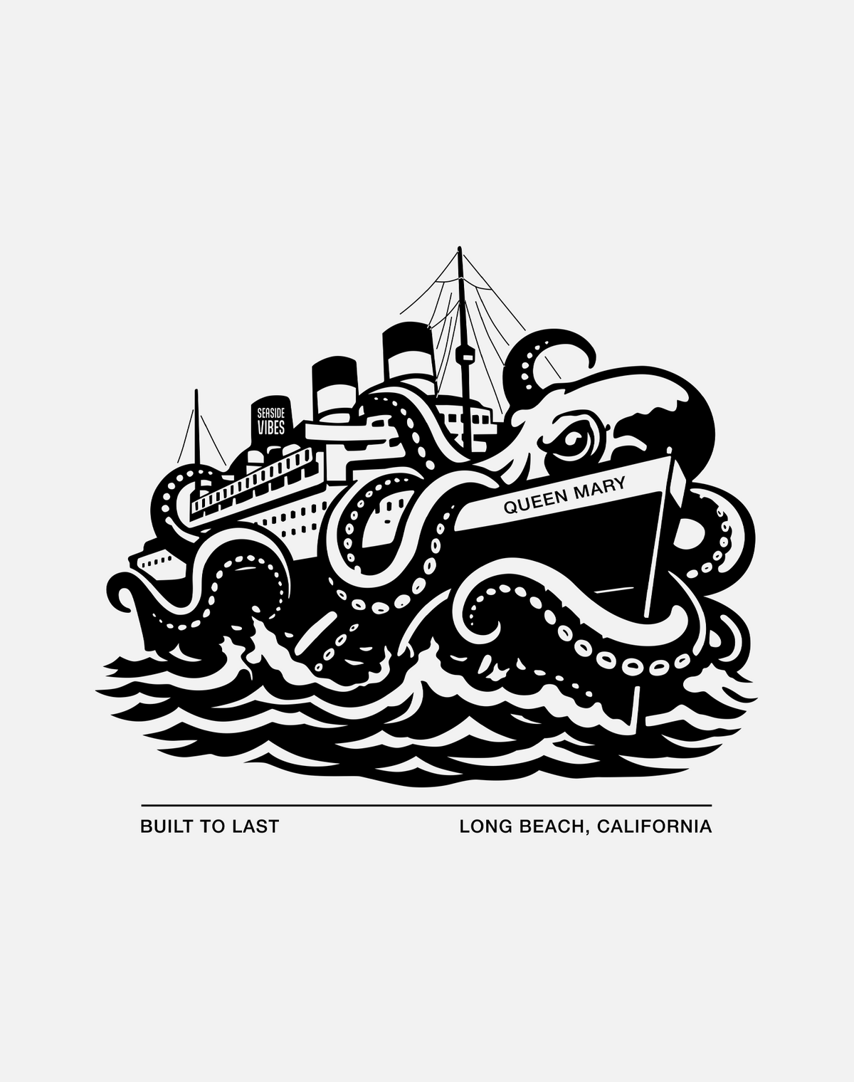 V-Neck: Long Beach Built to Last Queen Mary Tee - White