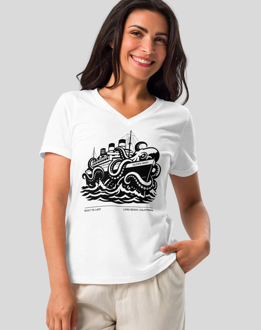 V-Neck: Long Beach Built to Last Queen Mary Tee - White