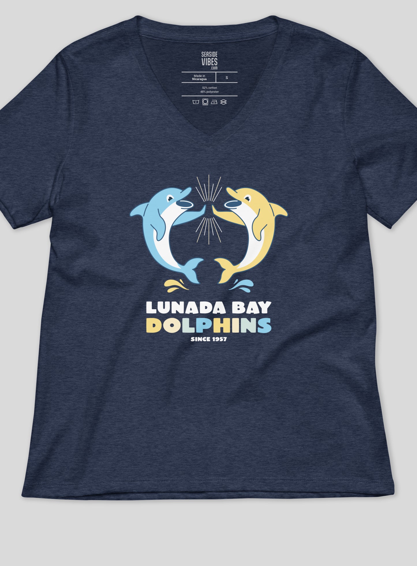 V-Neck: Lunada Bay Dolphins High-Five - Heather Navy