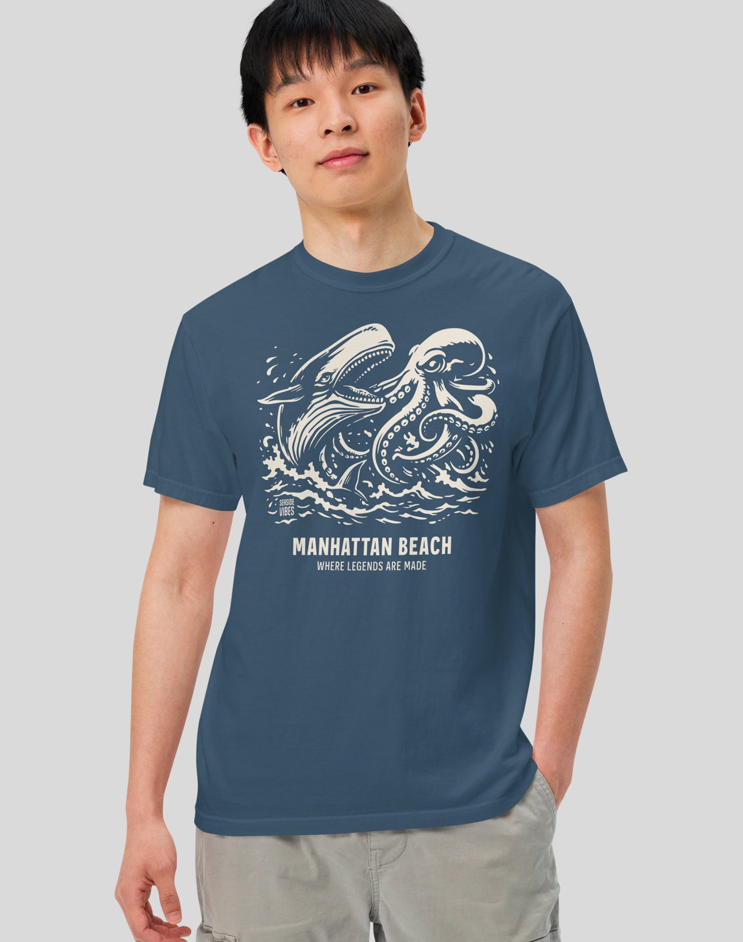 Unisex: Manhattan Beach Octopus vs Whale Legends Tee - 100% Cotton | Midnight