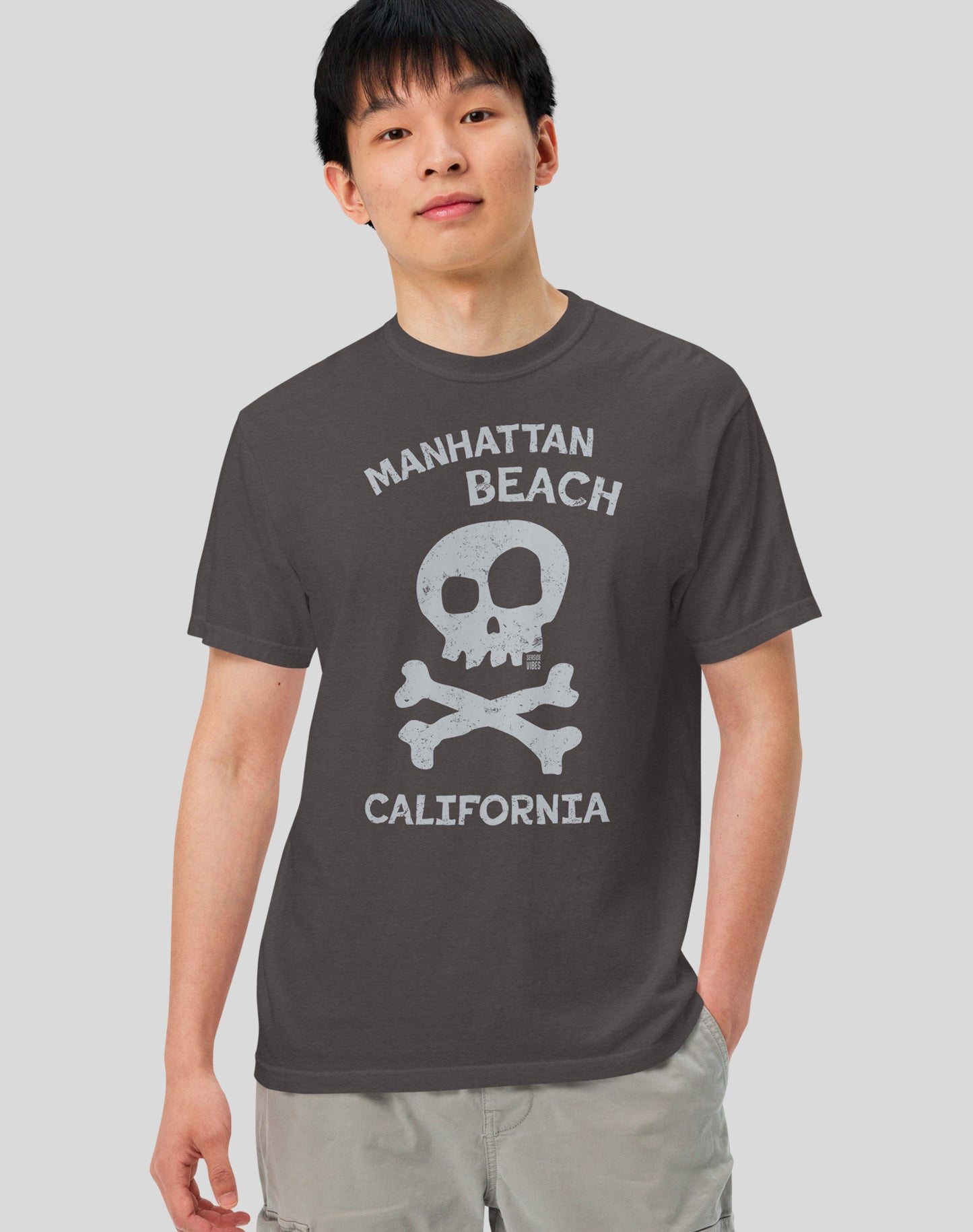 Unisex: Manhattan Beach Skull & Bones Tee - 100% Cotton | Graphite