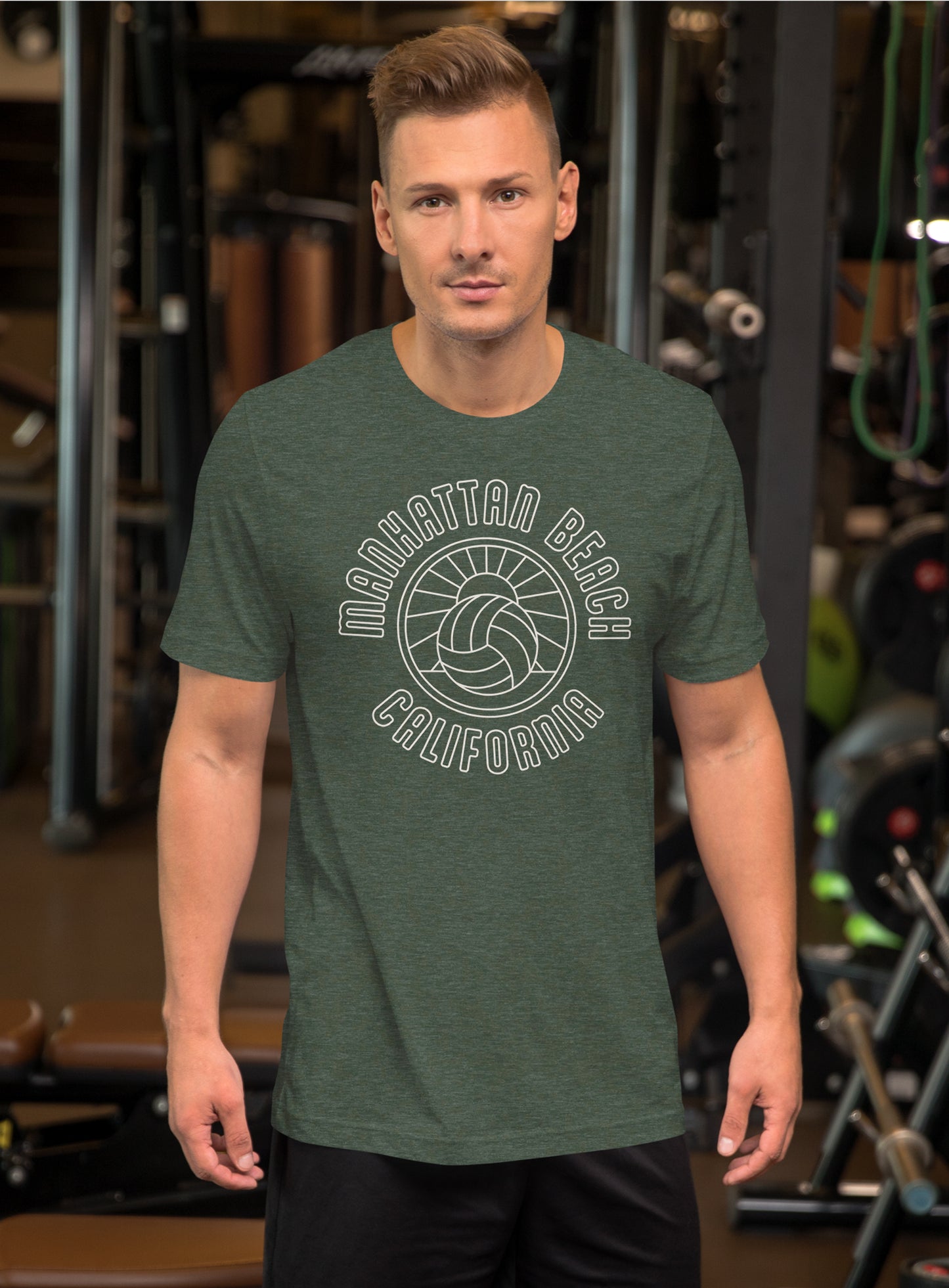 Unisex: Manhattan Beach Volleyball Sunset Tee - Heather Forest