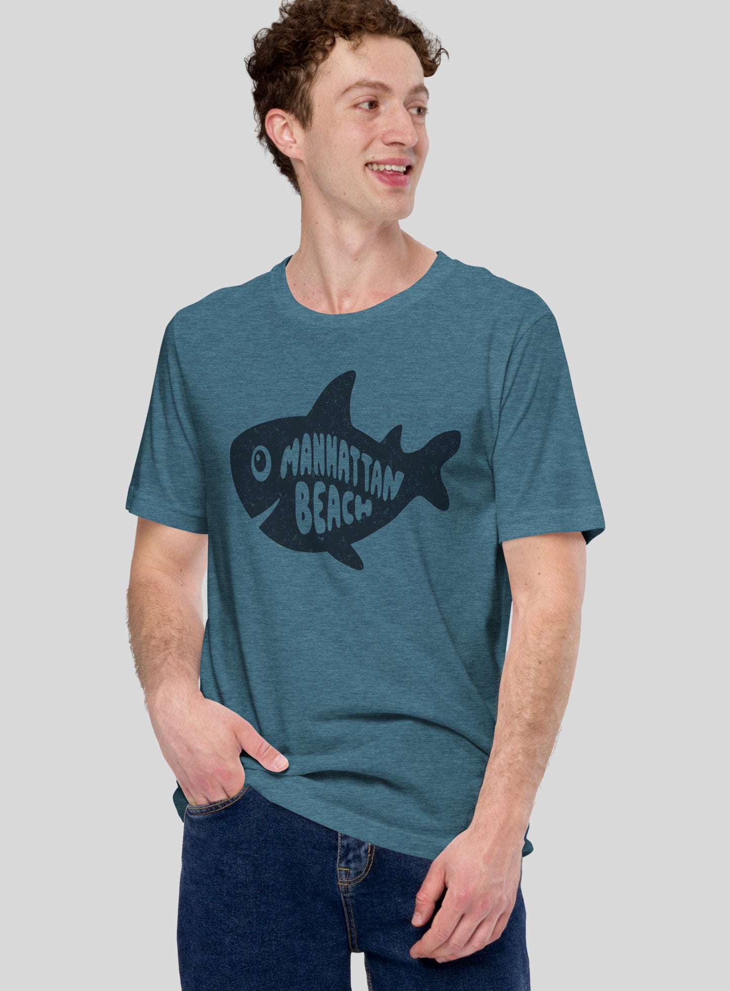 Unisex: Manhattan Beach Shark Tee - Heather Deep Teal