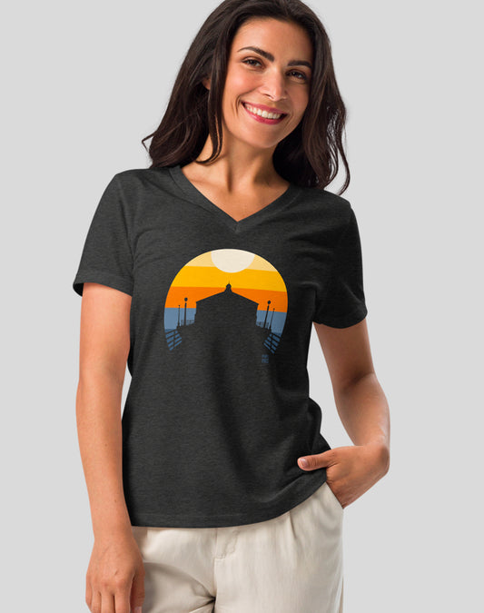 V-Neck: Manhattan Beach Pier Sunset Tee - Dark Grey Heather