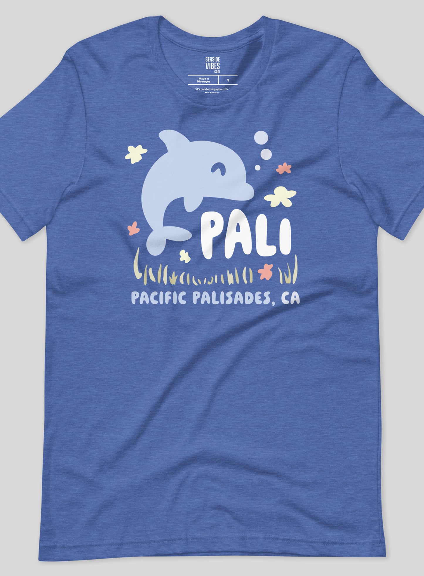 Unisex: Pacific Palisades Happy Dolphin Tee - Heather True Royal