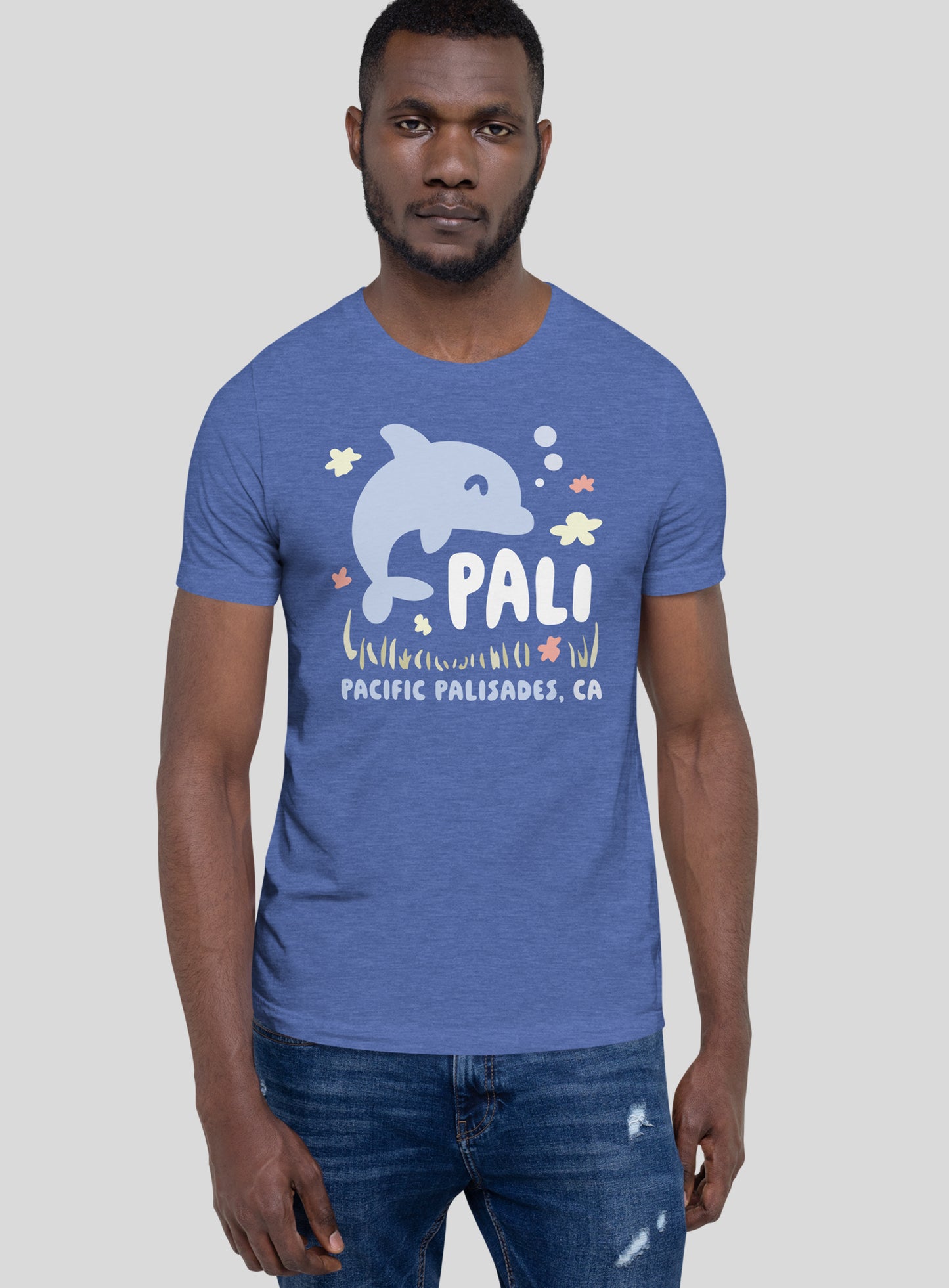 Unisex: Pacific Palisades Happy Dolphin Tee - Heather True Royal