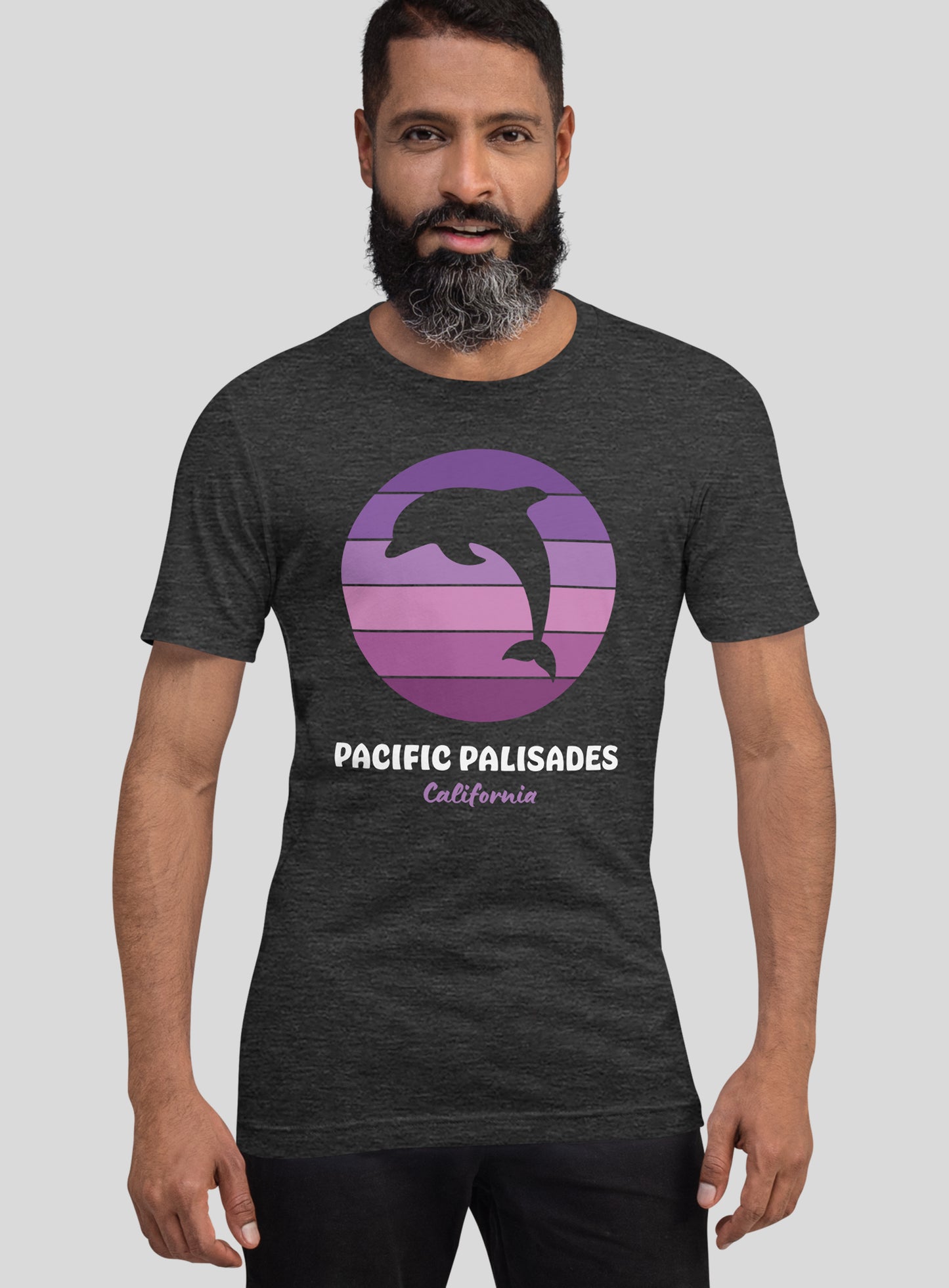 Unisex: Pacific Palisades Dolphin Sunset Tee - Dark Grey Heather