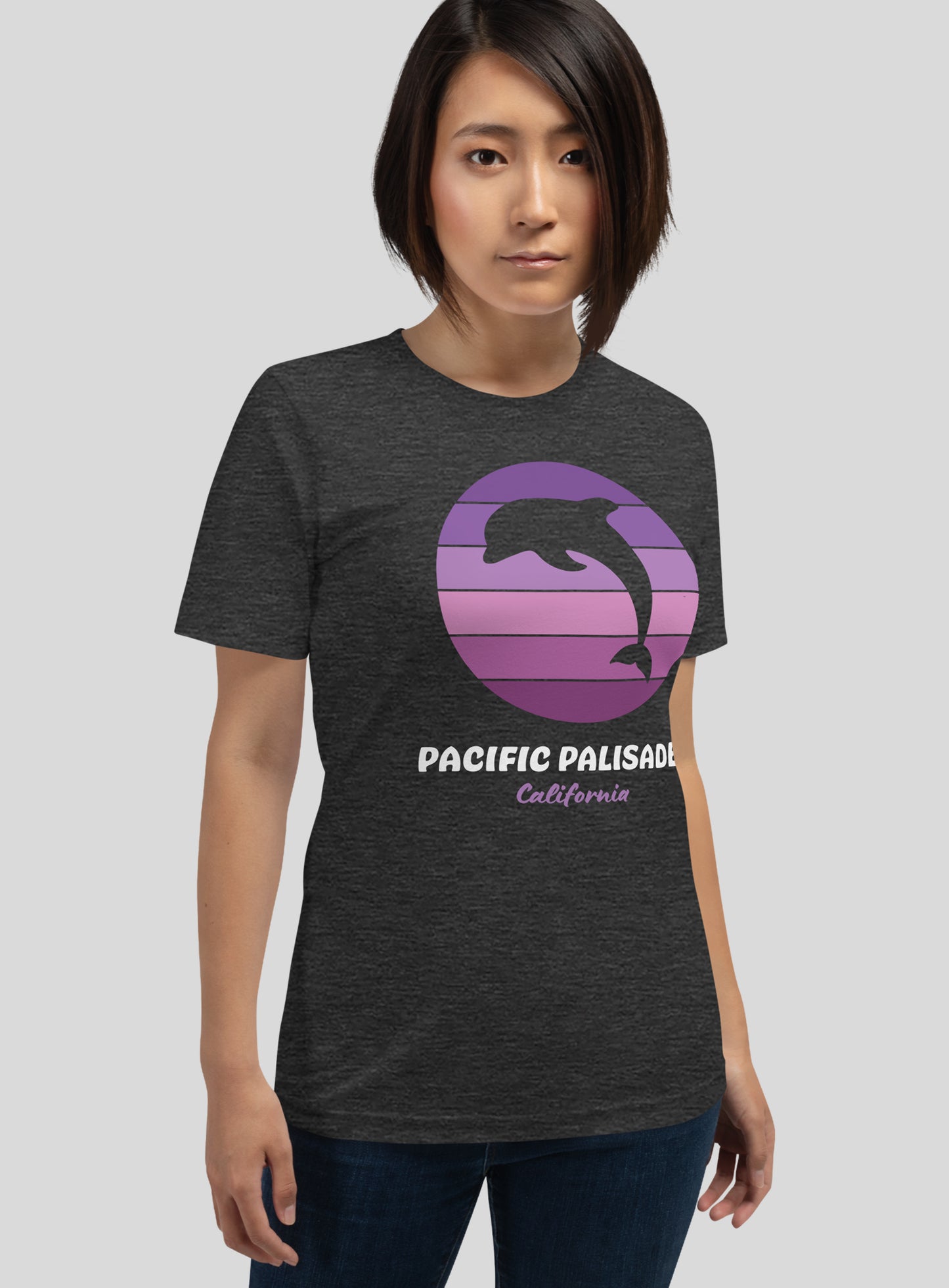 Unisex: Pacific Palisades Dolphin Sunset Tee - Dark Grey Heather