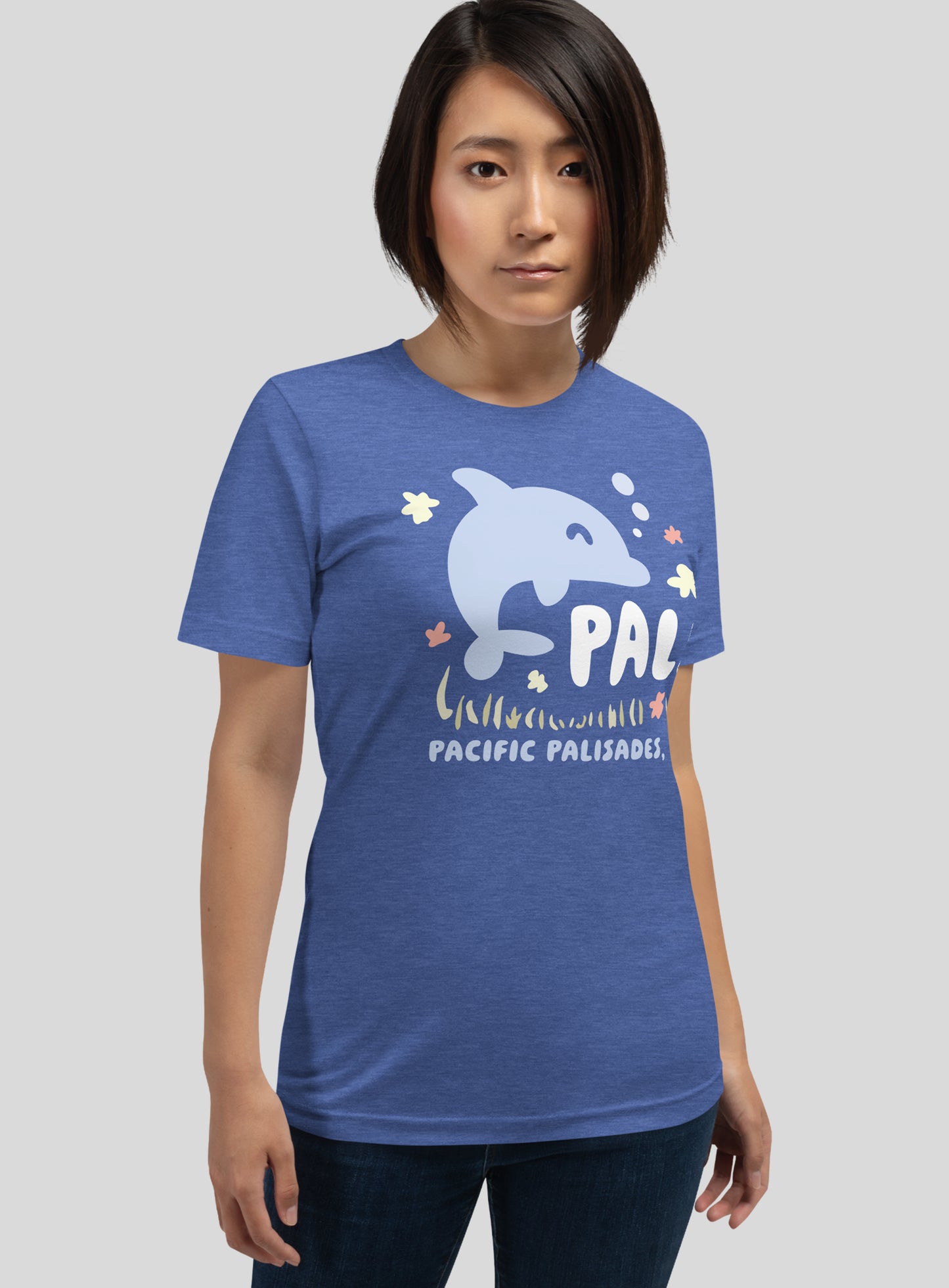 Unisex: Pacific Palisades Happy Dolphin Tee - Heather True Royal