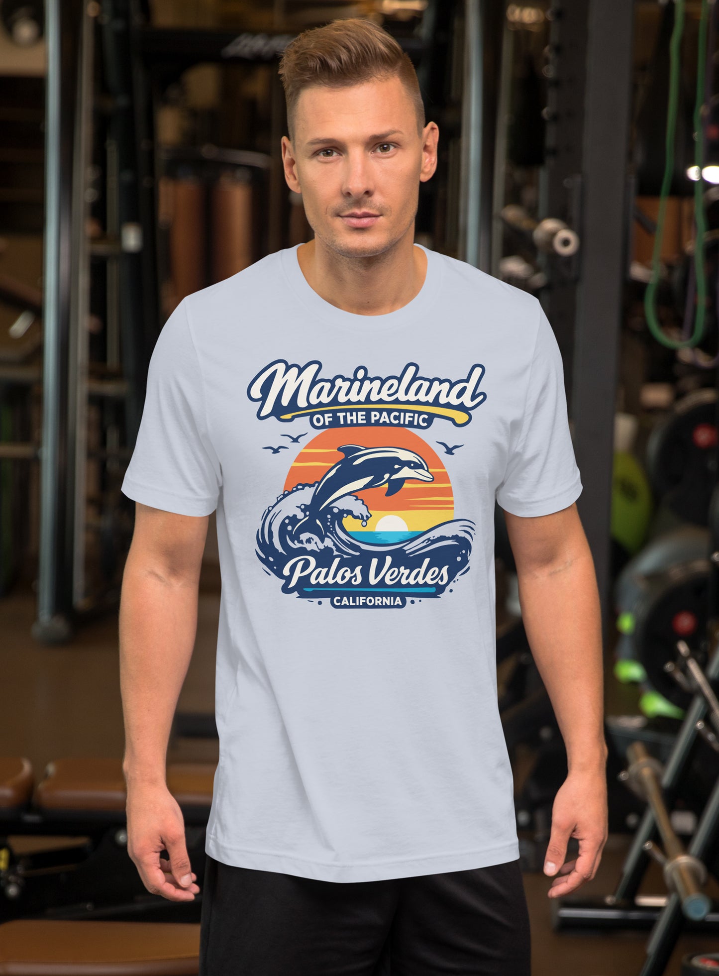 Unisex: Marineland of the Pacific Dolphin Sunset Tee - Light Blue