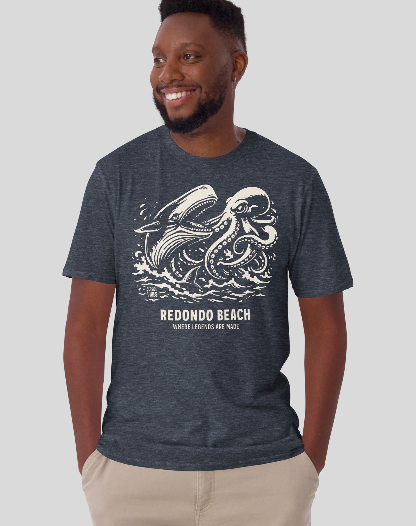Unisex: Redondo Beach Octopus vs Whale Legends Tee | Heather Navy