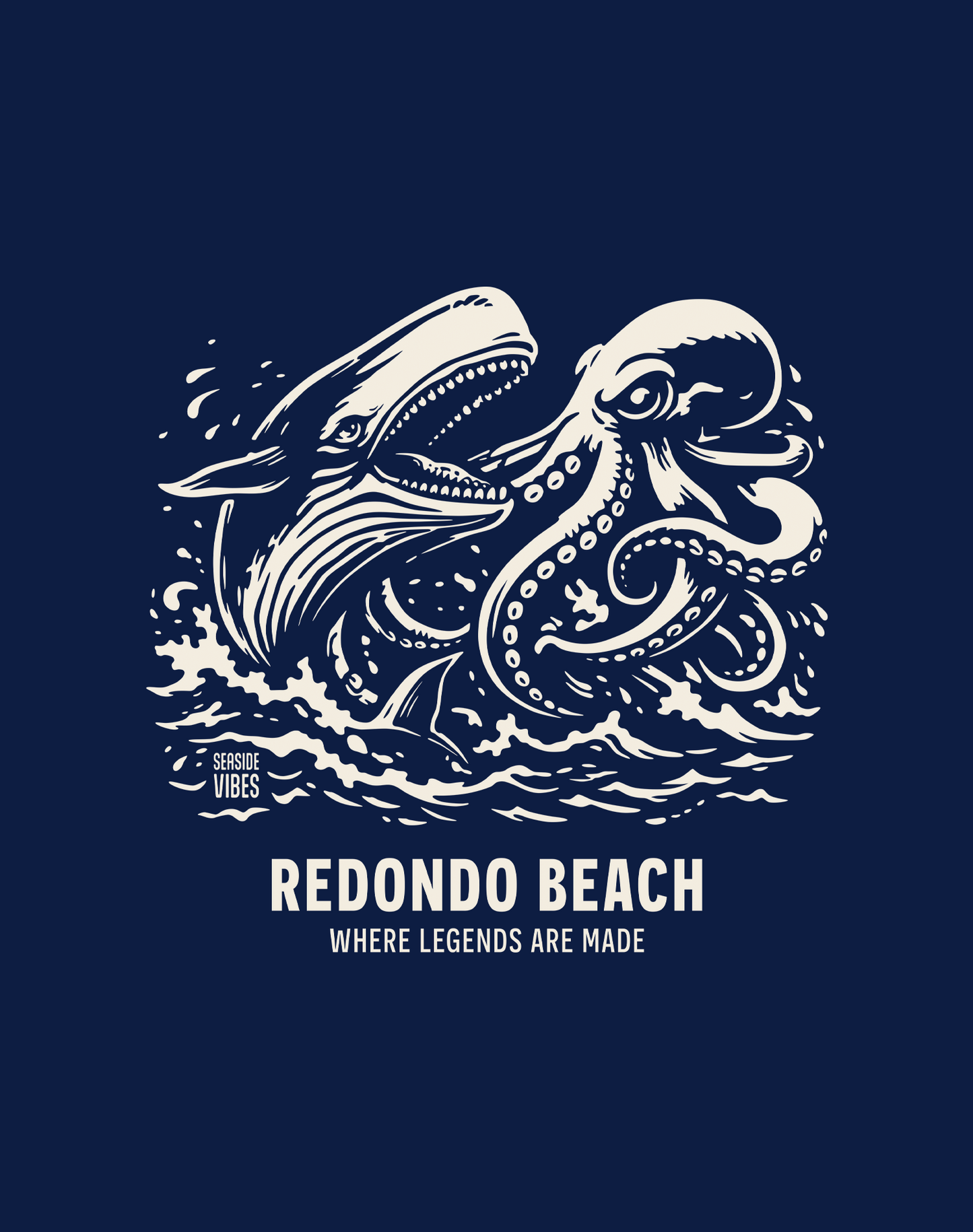 V-Neck: Redondo Beach Octopus vs Whale Legends Tee | Heather Navy