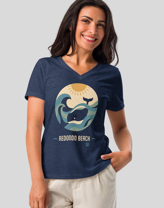 V-Neck: Redondo Beach Whale Sunset Tee | Heather Navy