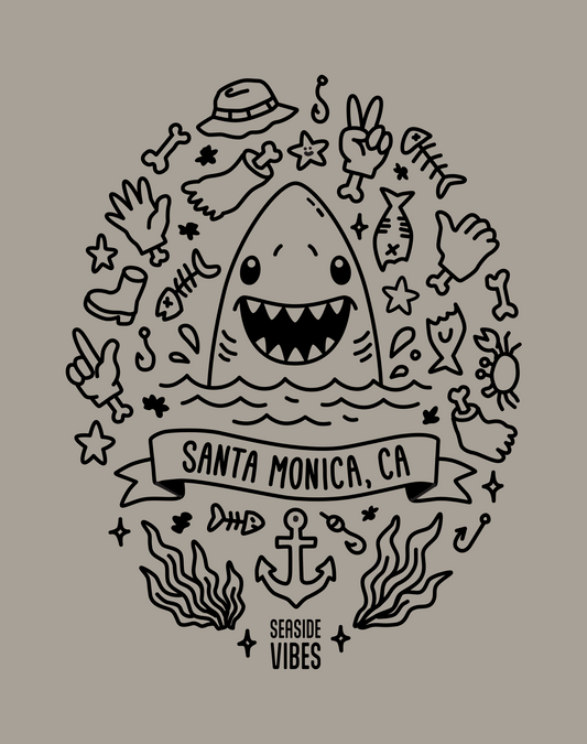 Santa Monica Shark Attack! Tee - Cotton Blend | Stone Grey