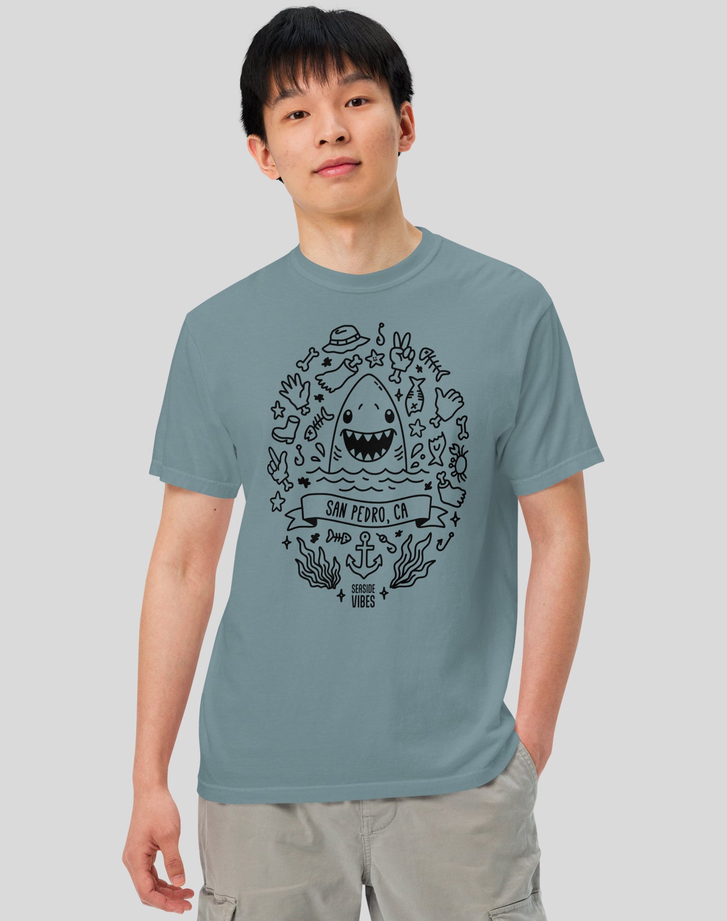 Unisex: Shark Attack San Pedro Tee - 100% Cotton | Ice Blue