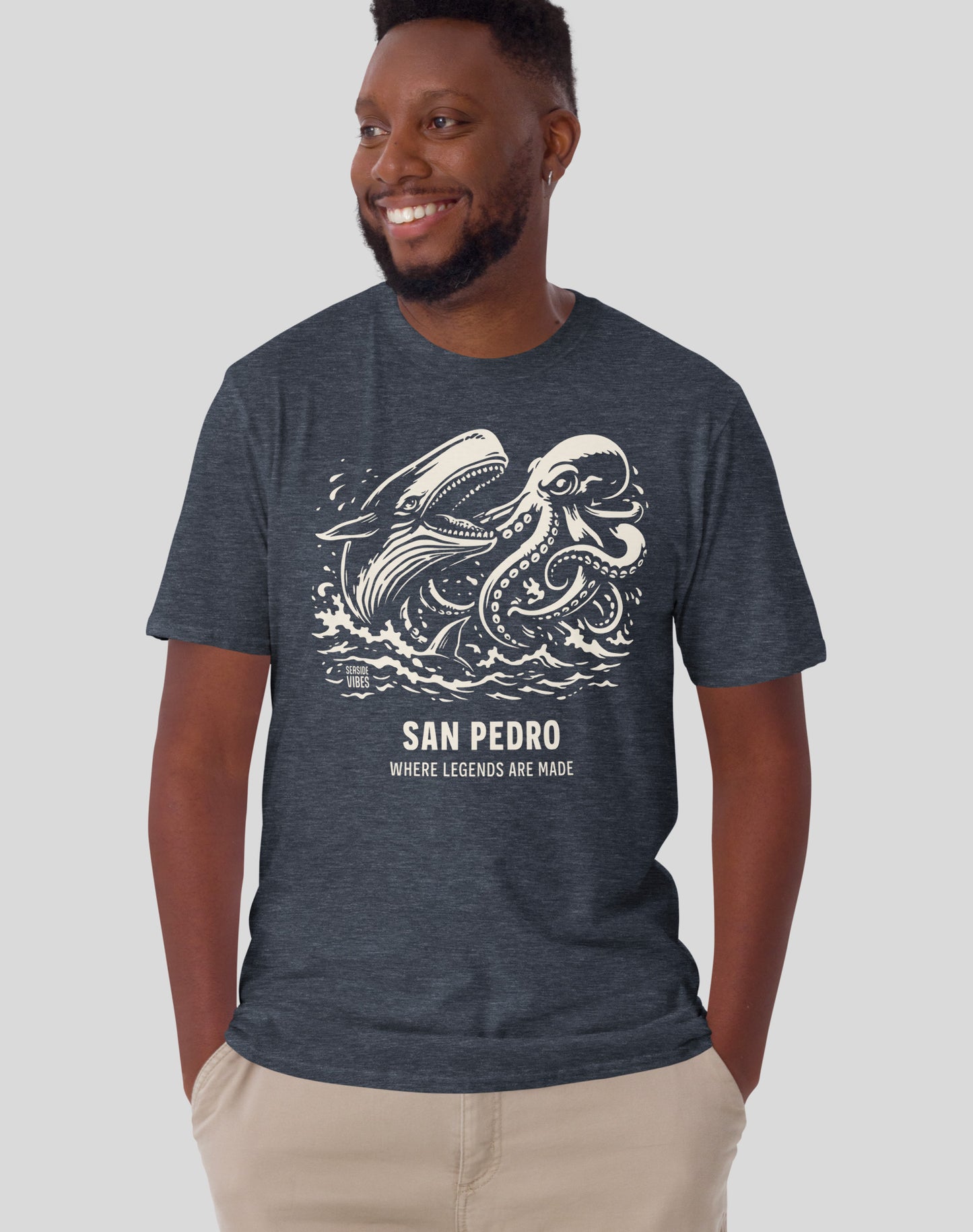 San Pedro Octopus vs Whale Legends Tee - Unisex | Heather Navy
