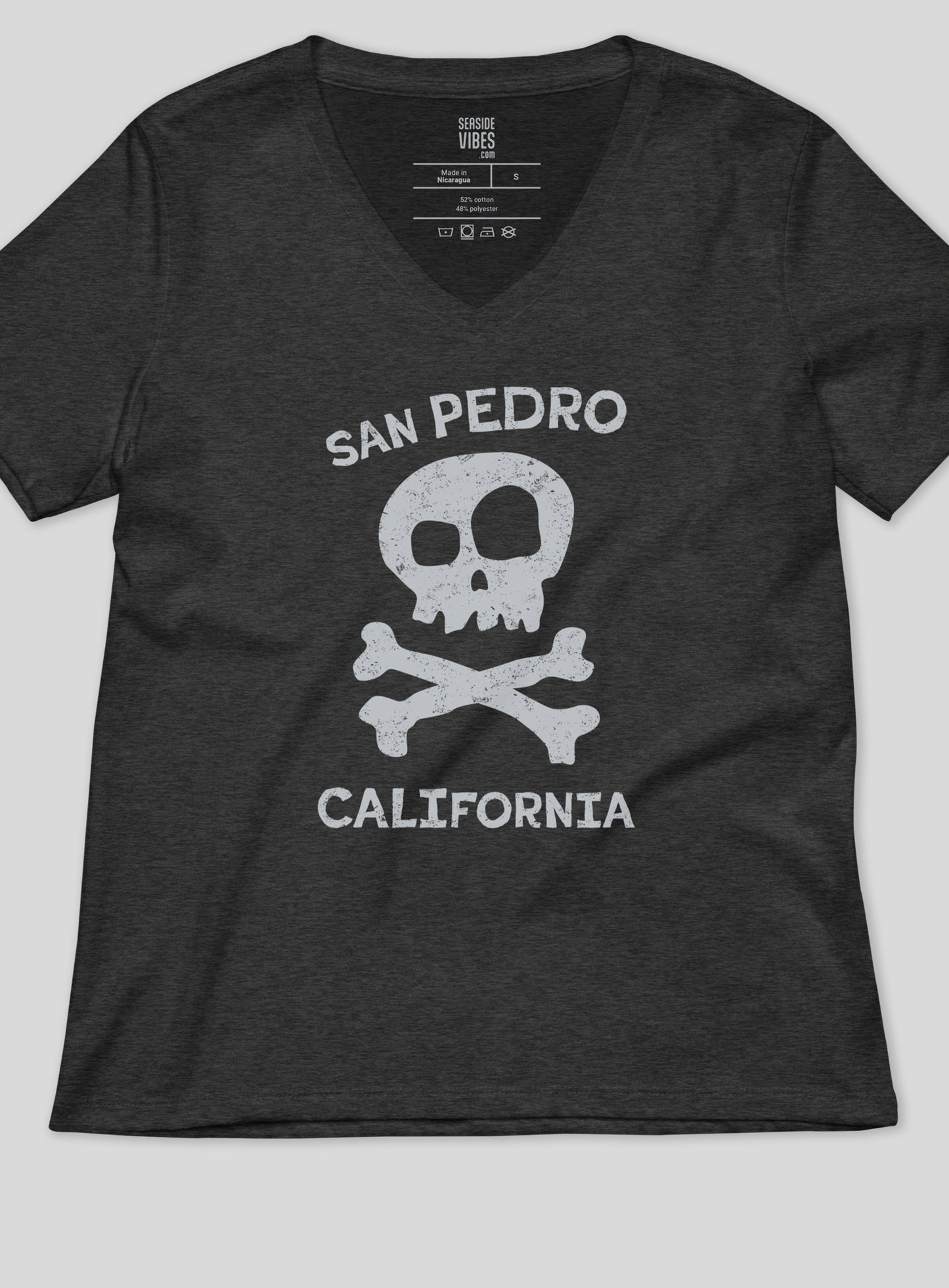 V-Neck: San Pedro Skull and Bones Tee - Dark Grey Heather