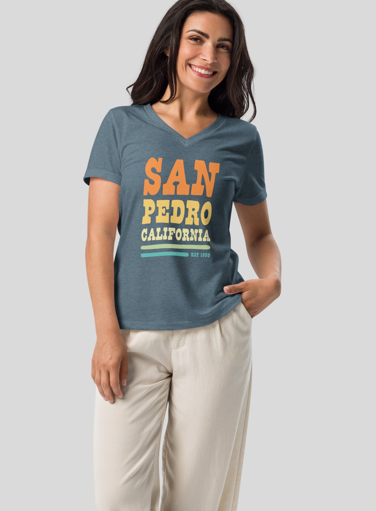 V-Neck: San Pedro Vibes Tee - Heather Slate