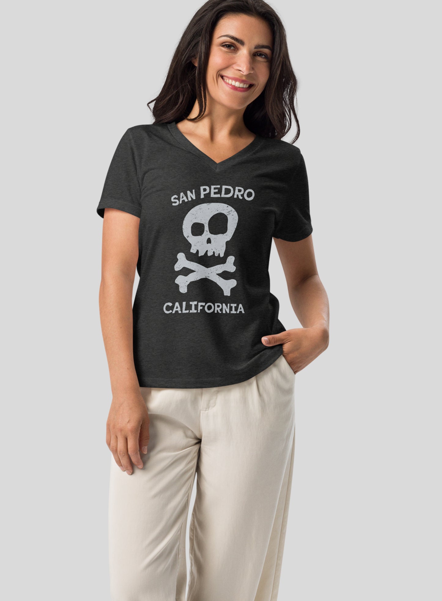 V-Neck: San Pedro Skull and Bones Tee - Dark Grey Heather