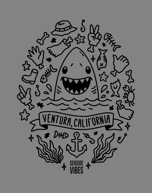 Ventura California Shark Attack! Tee - Cotton Blend | Dark Heather Gray
