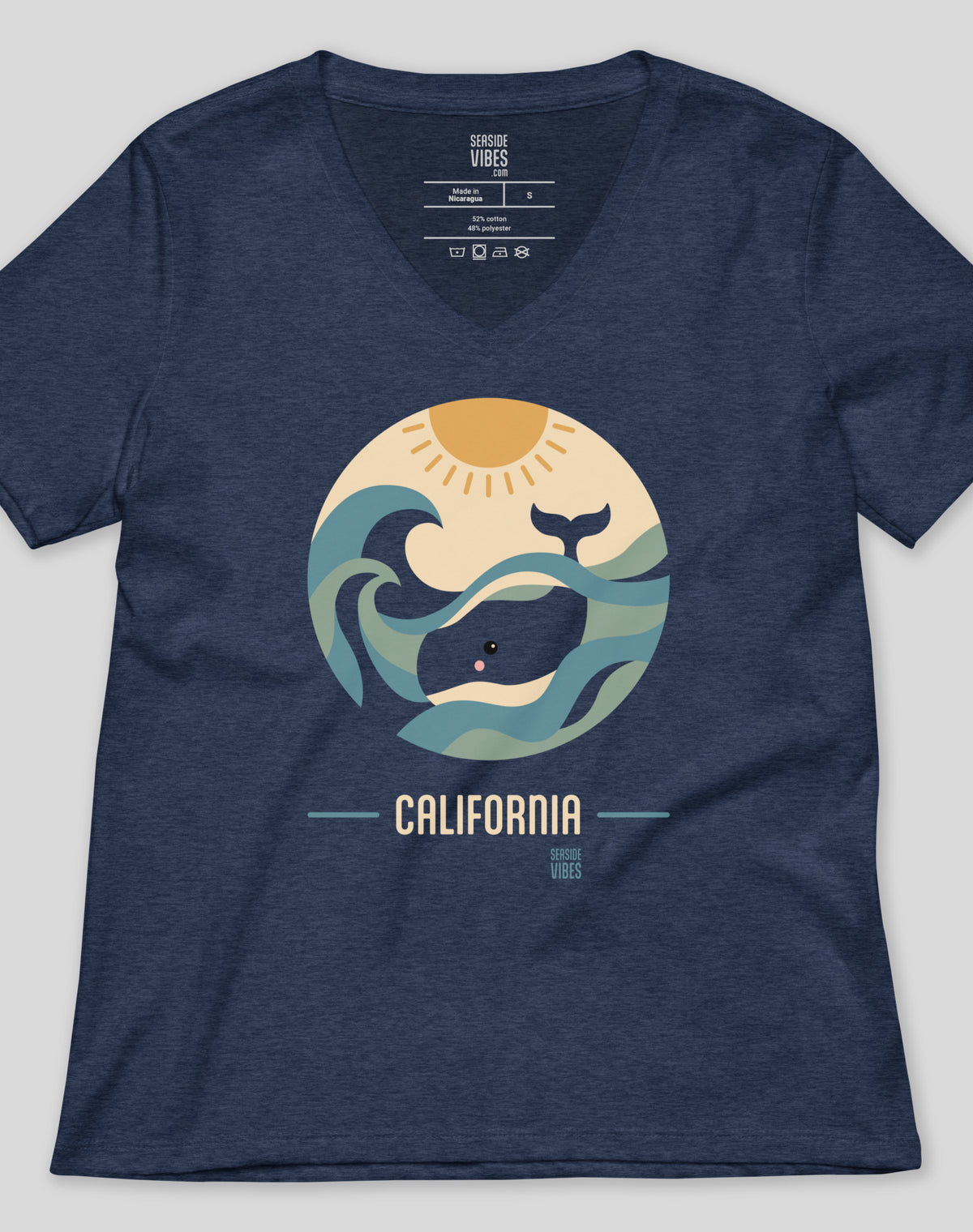 V-Neck: California Whale Sunset Tee | Heather Navy