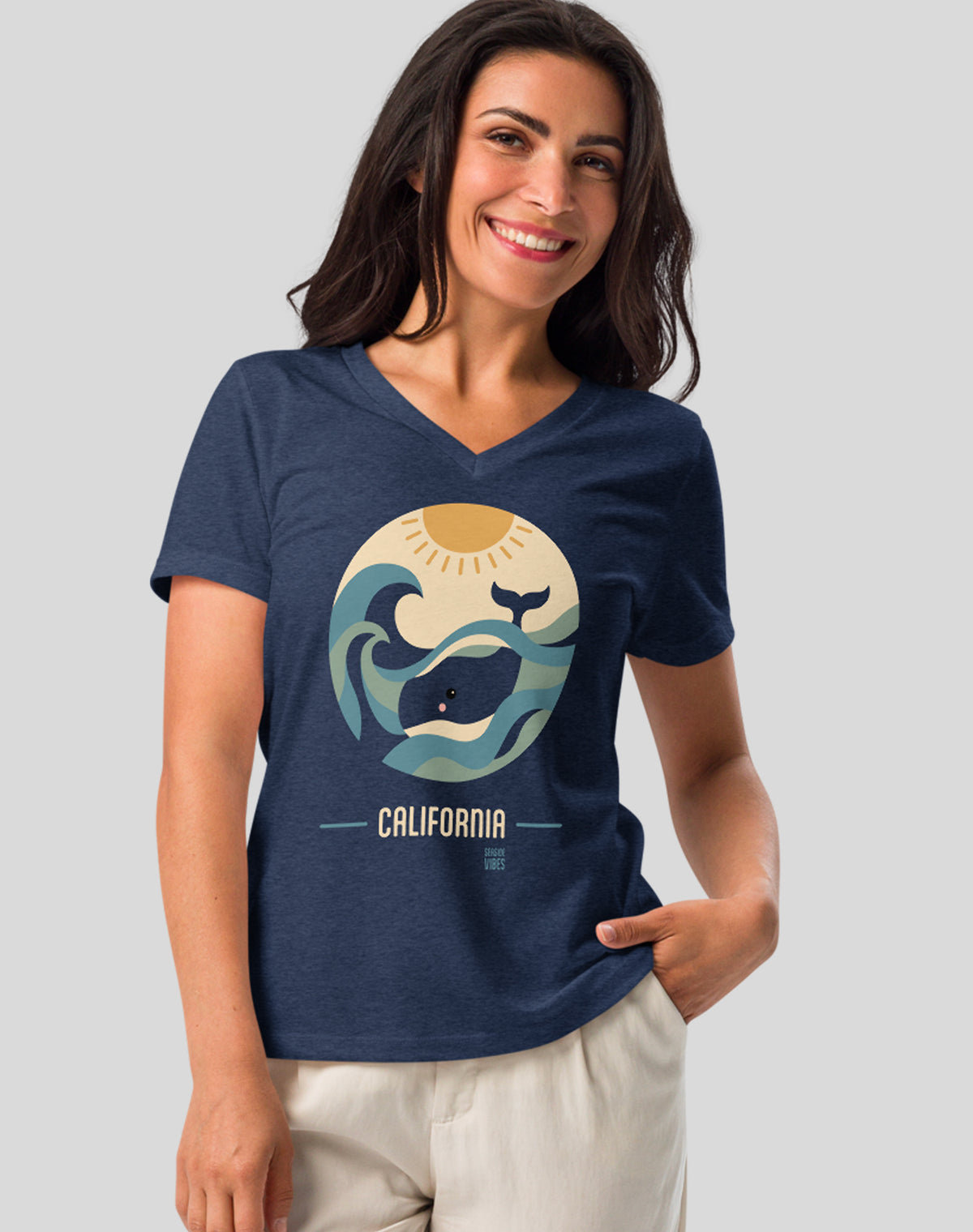 V-Neck: California Whale Sunset Tee | Heather Navy