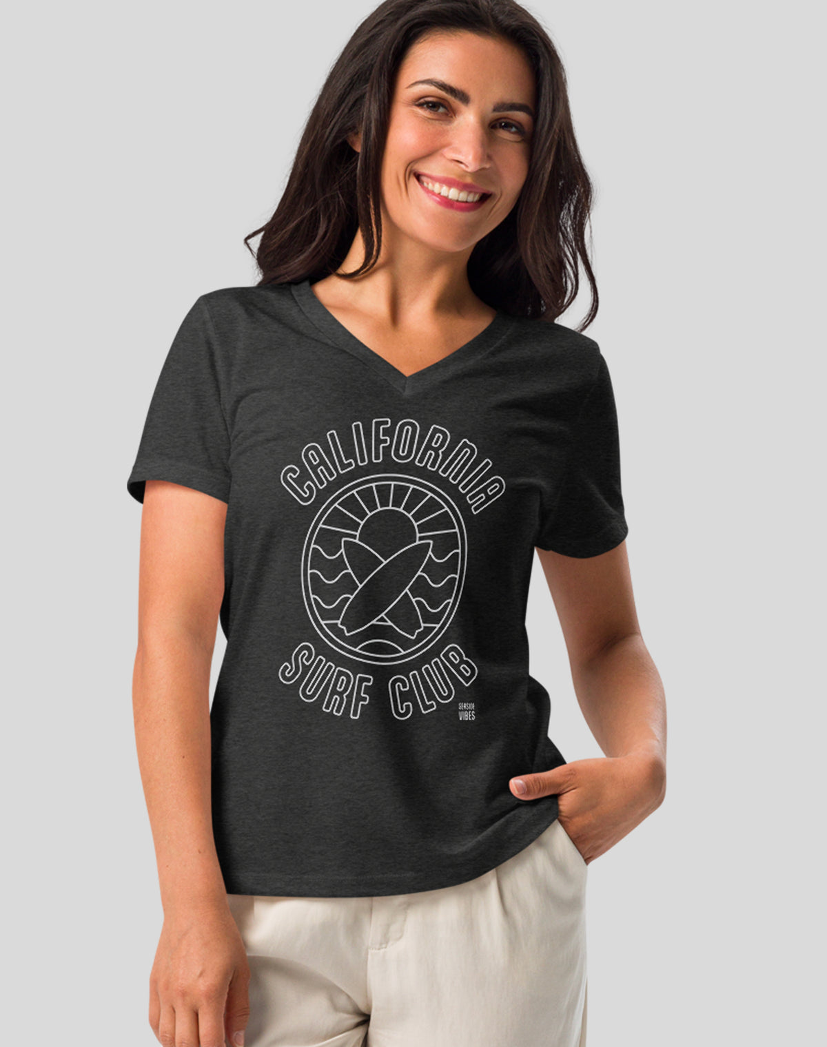 V-Neck: California Surf Club Sunset Tee | Dark Grey Heather
