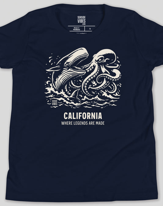 Youth: California Octopus vs Whale Legends Tee | Navy