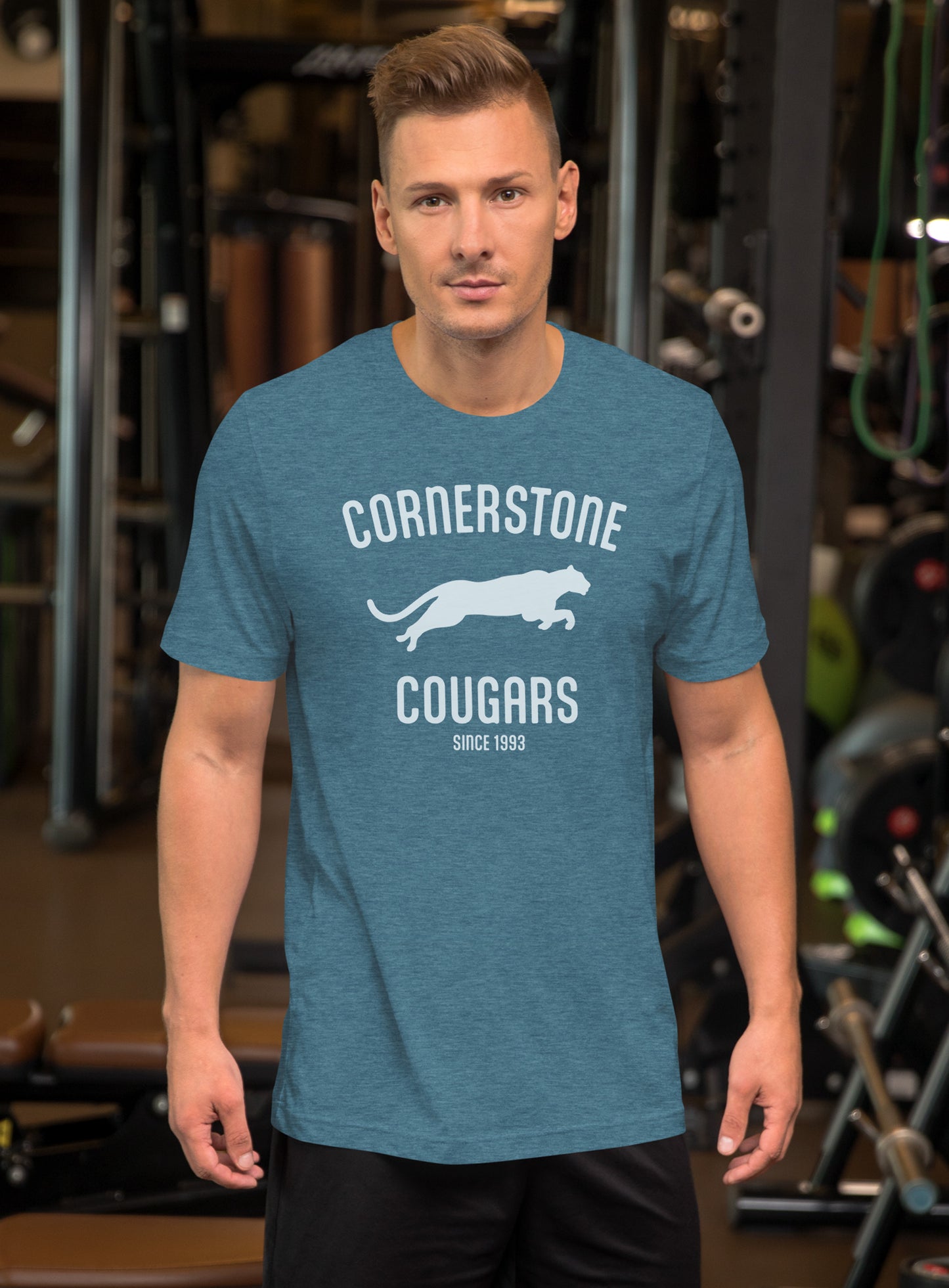 Unisex: Run with the Cougars Tee - Heather Deep Teal