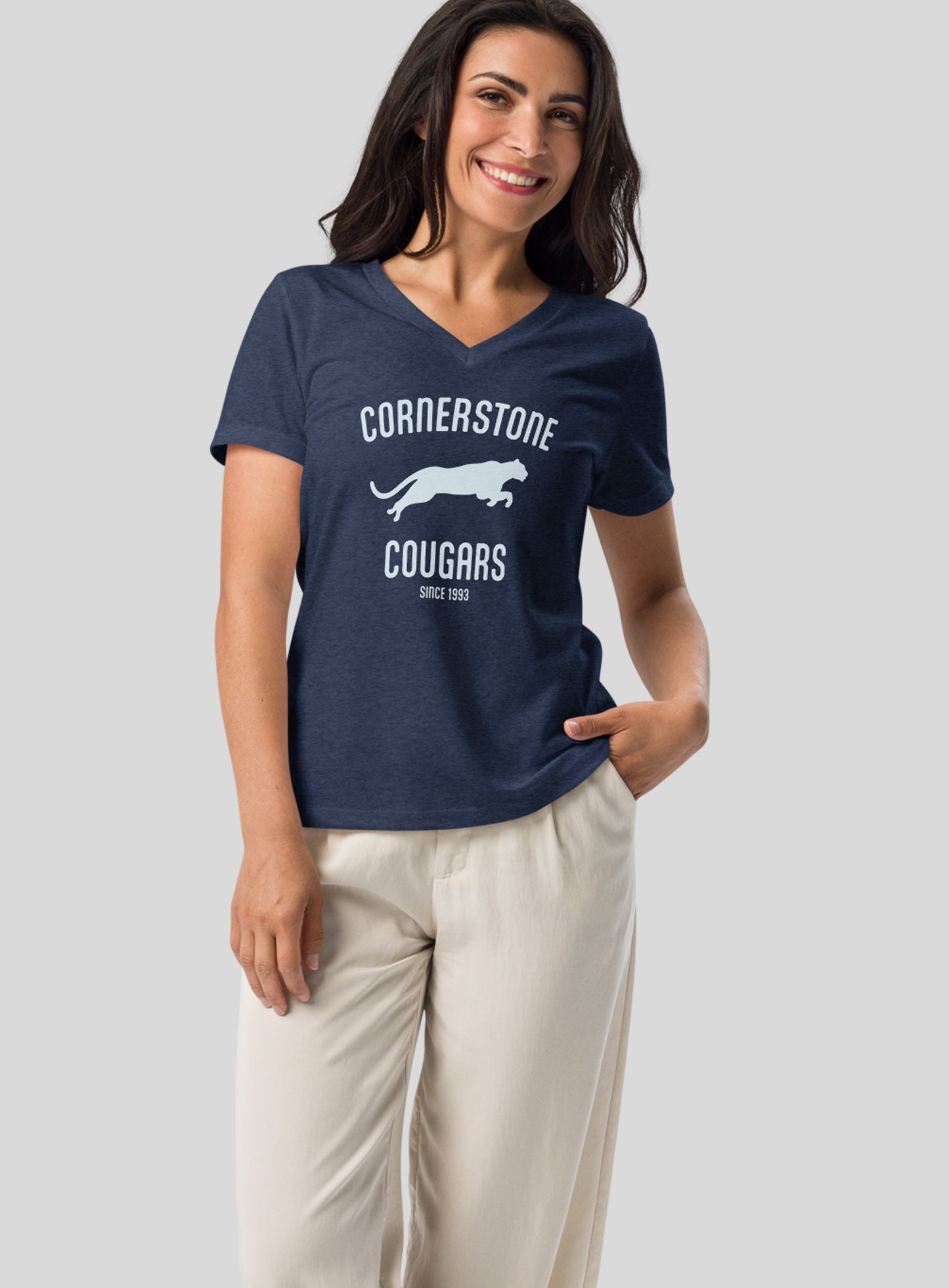 V-Neck: Run with the Cougars Tee - Heather Navy