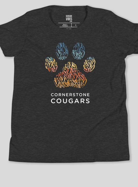 Youth: Cornerstone Cougars Pawsitive Vibes Tee- Dark Grey Heather