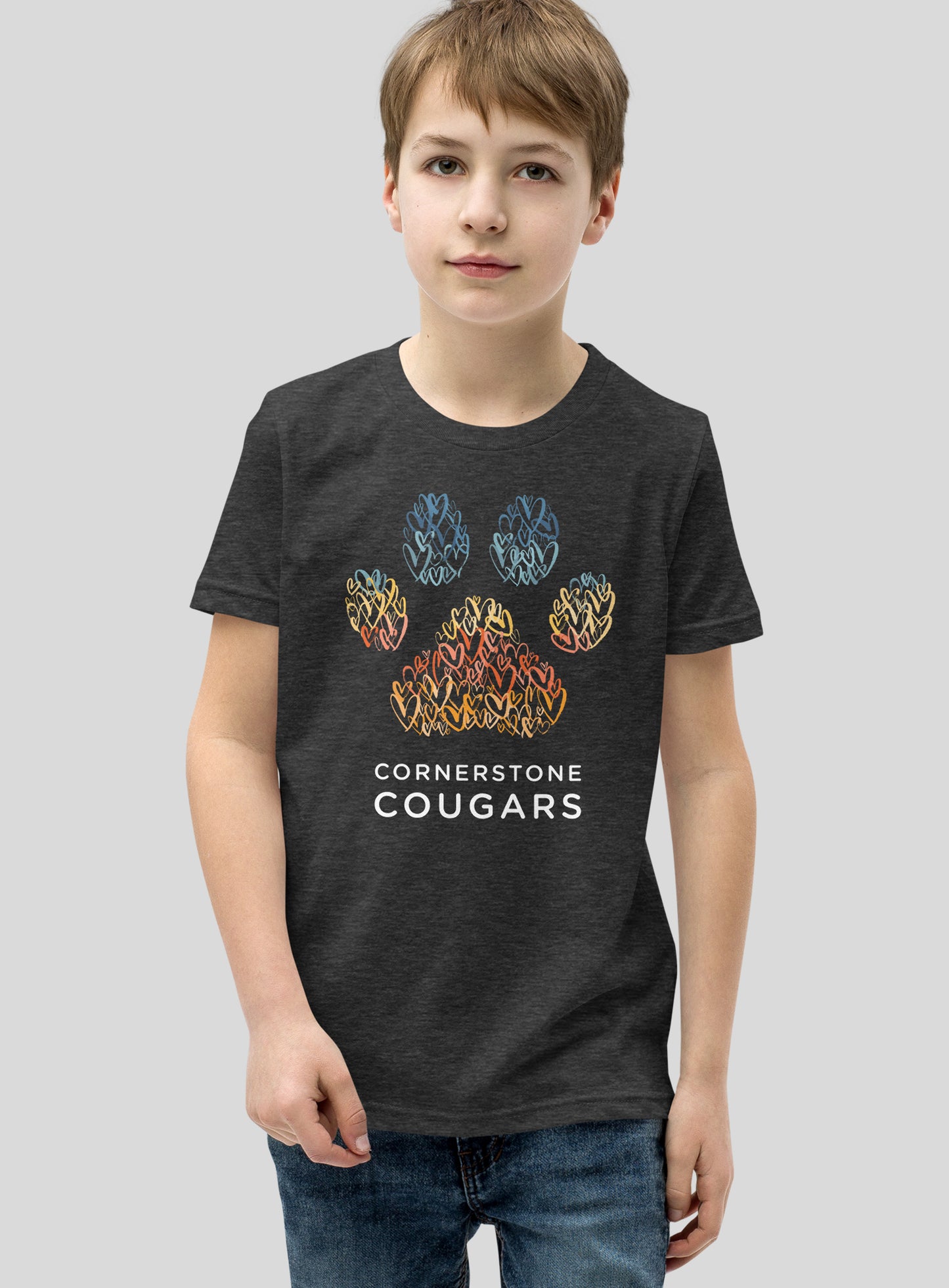 Youth: Cornerstone Cougars Pawsitive Vibes Tee- Dark Grey Heather